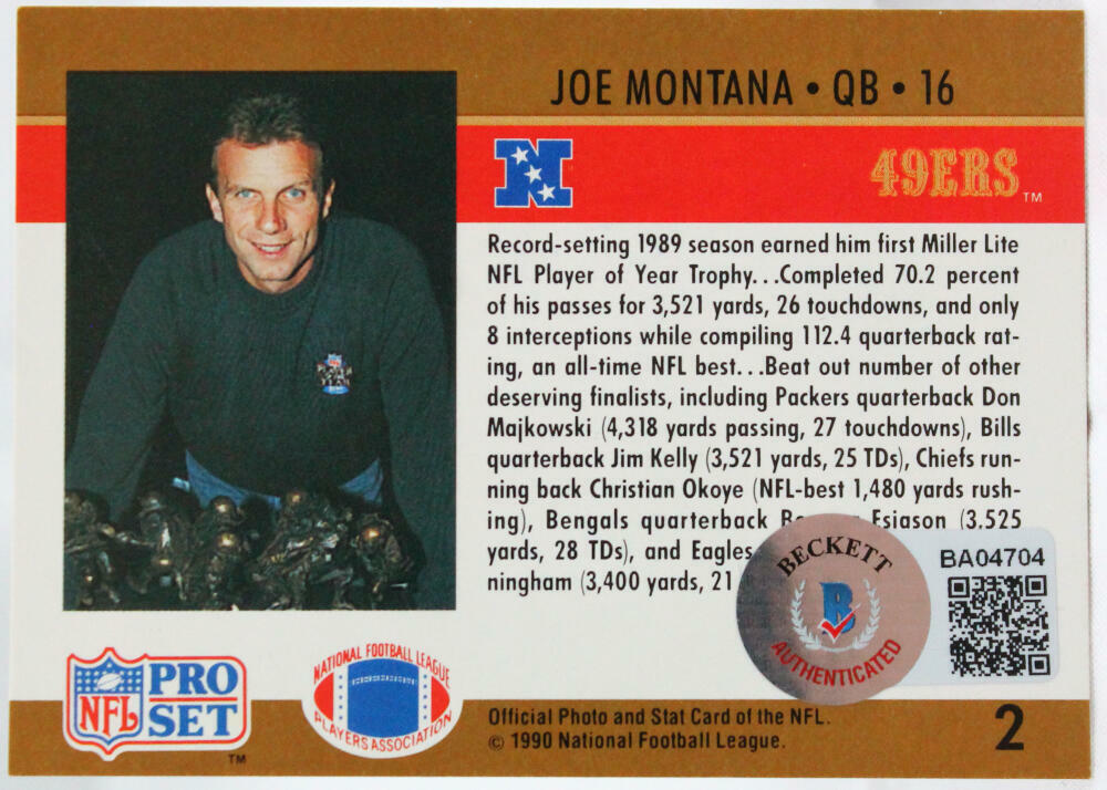 1990 Pro Set #2 Joe Montana 49ers Autograph Beckett Witness