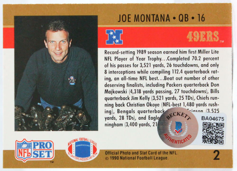 1990 Pro Set #2 Joe Montana 49ers Autograph Beckett Witness