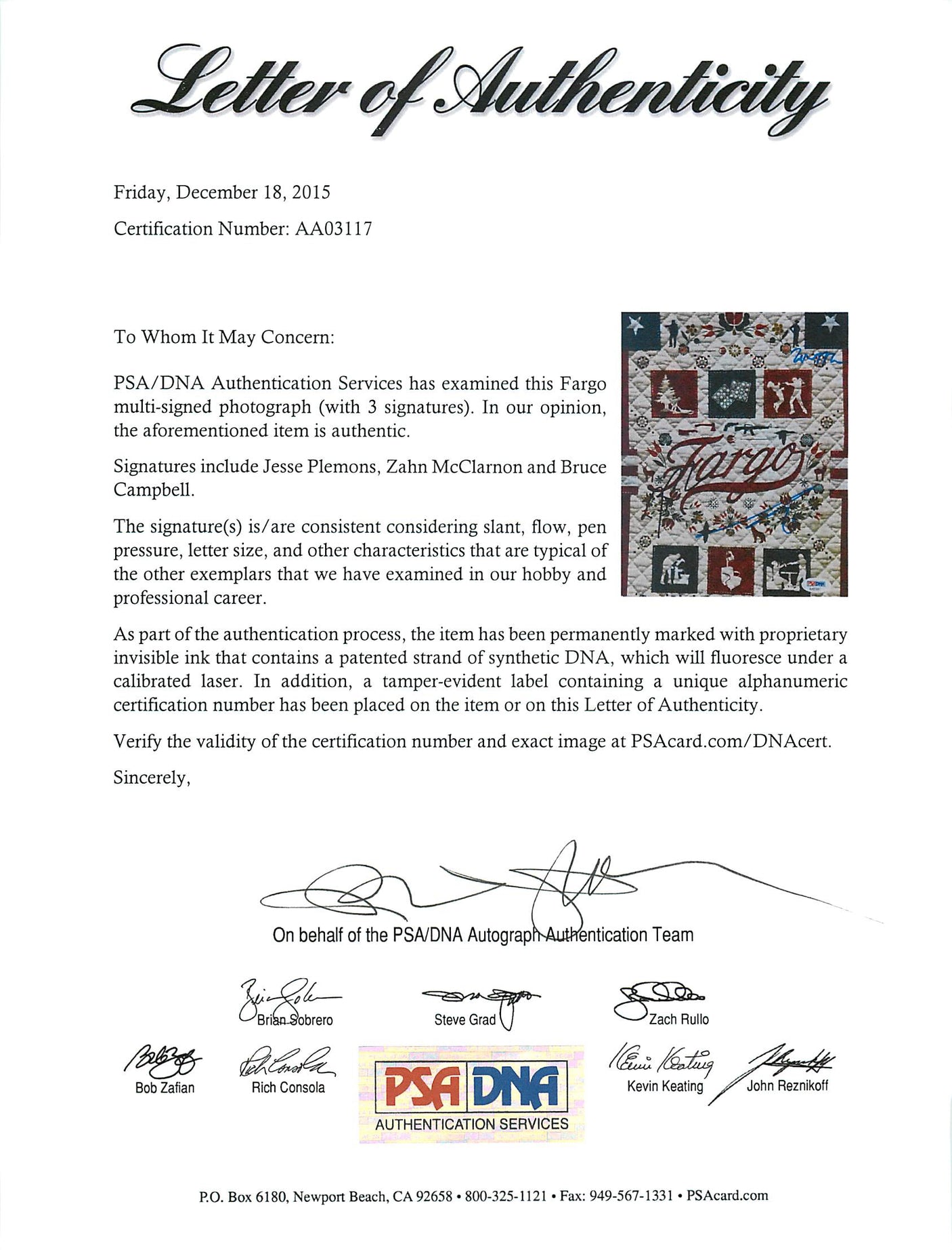 Fargo (3) Plemons, McClarnon, Campbell Authentic Signed 8X10 Photo PSA #AA03117