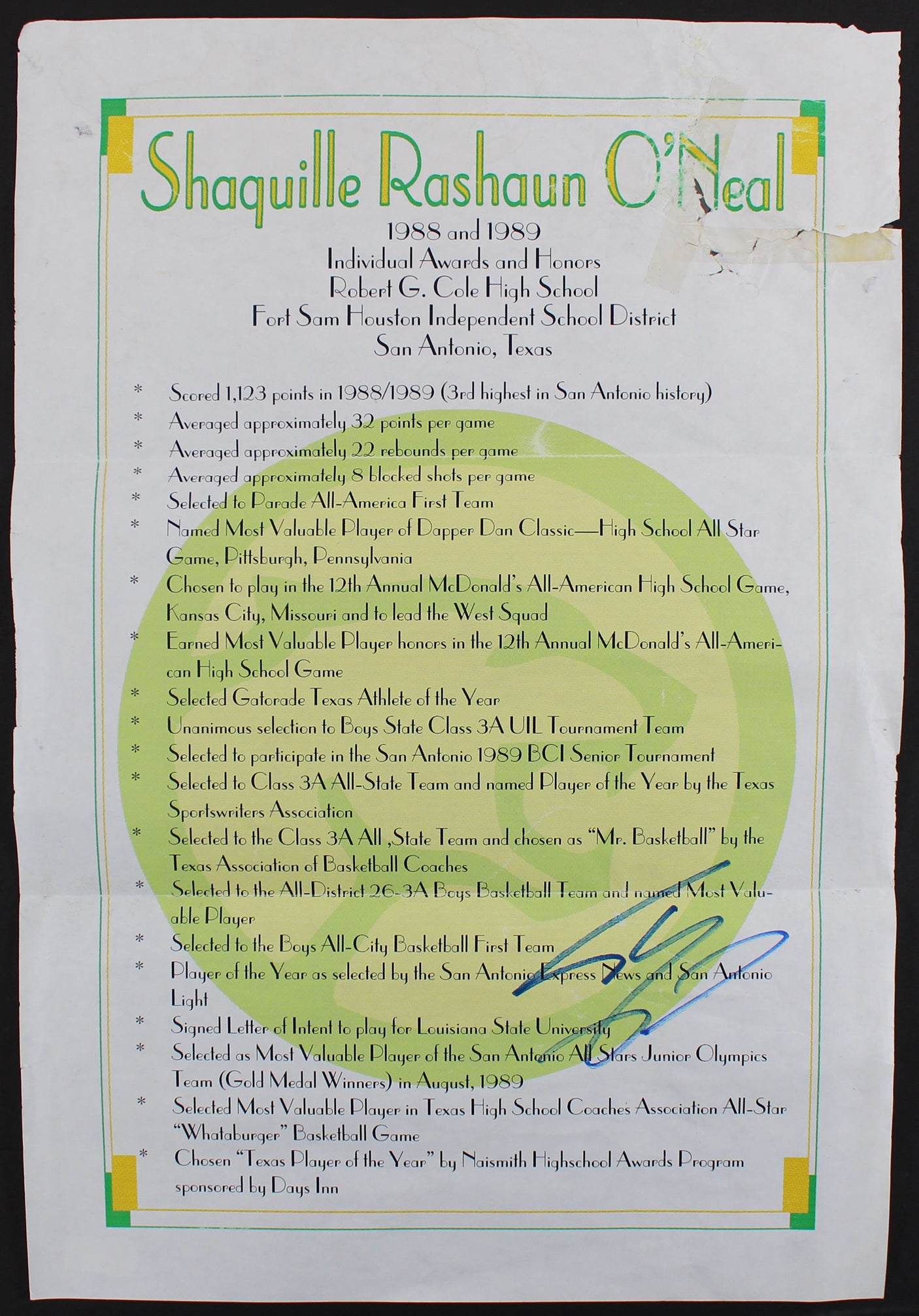 Shaquille O'Neal Signed 12x17.75 High School Awards Poster BAS Witness #WP79154