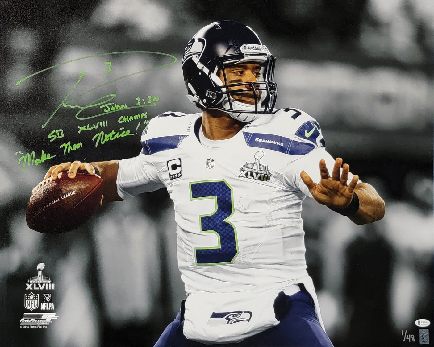 Russell Wilson Autographed Framed 24x30 Canvas Photo Seattle Seahawks "SB XLVIII Make Them Notice!" #1/48 Beckett BAS #WE98425
