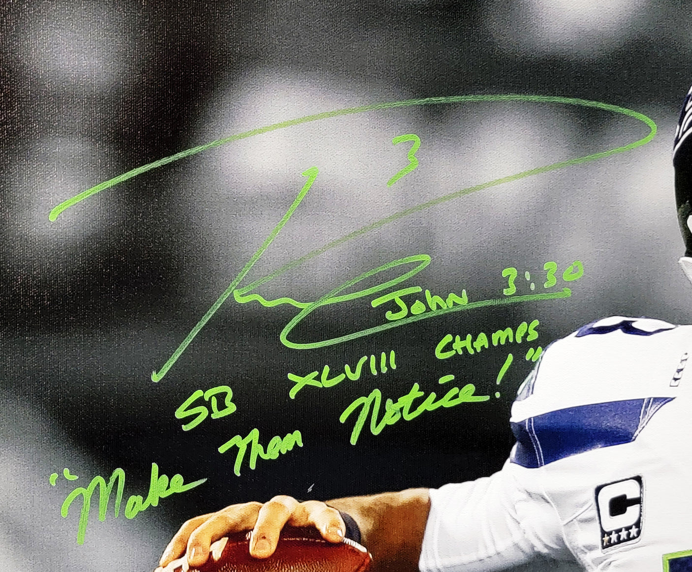 Russell Wilson Autographed Framed 24x30 Canvas Photo Seattle Seahawks "SB XLVIII Make Them Notice!" #1/48 Beckett BAS #WE98425