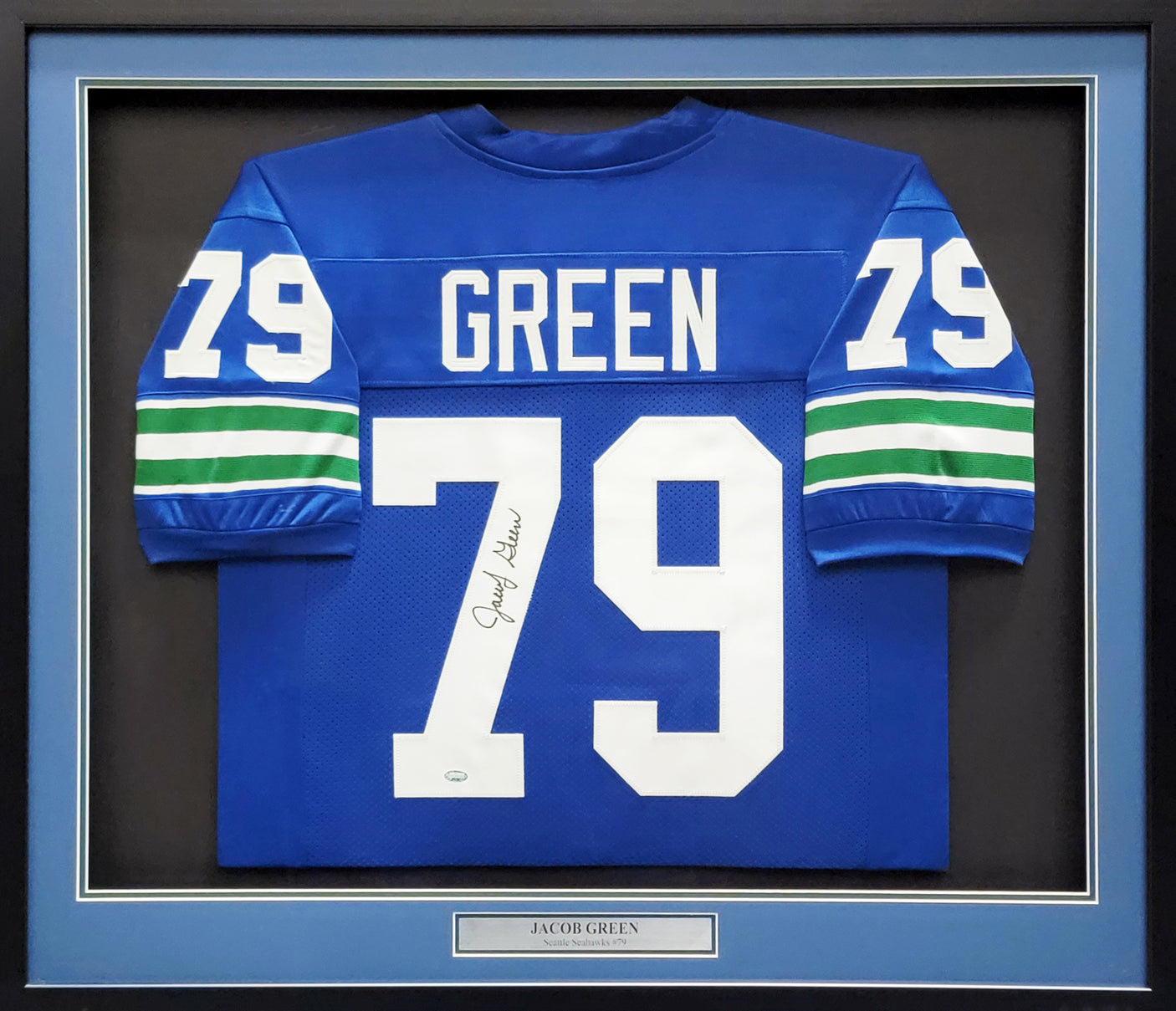 Seattle Seahawks Jacob Green Autographed Framed Blue Jersey MCS Holo Stock #200921