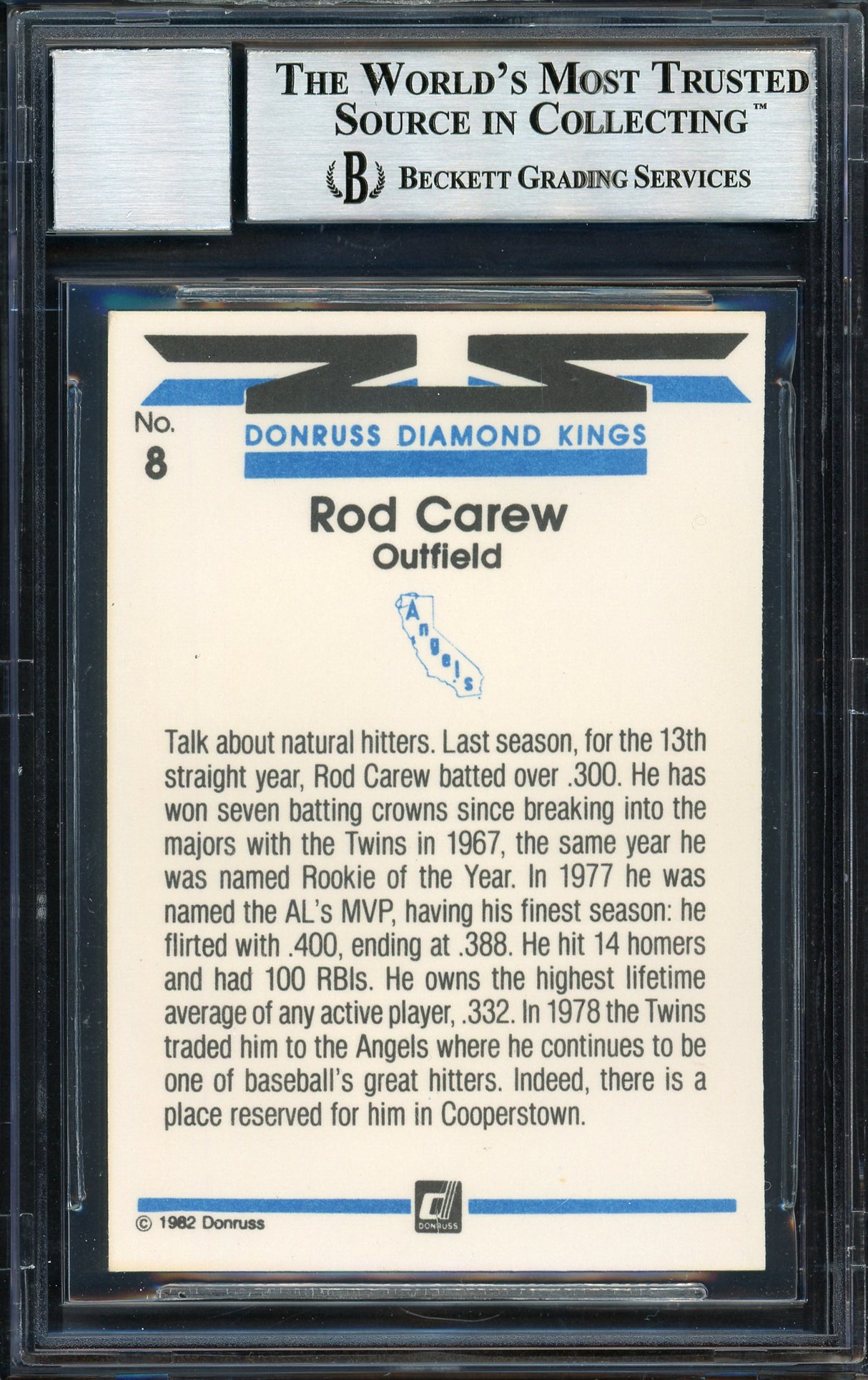 Rod Carew Autographed 1982 Donruss Diamond Kings Card #8 California Angels Auto Grade 10 Beckett BAS Stock #186050