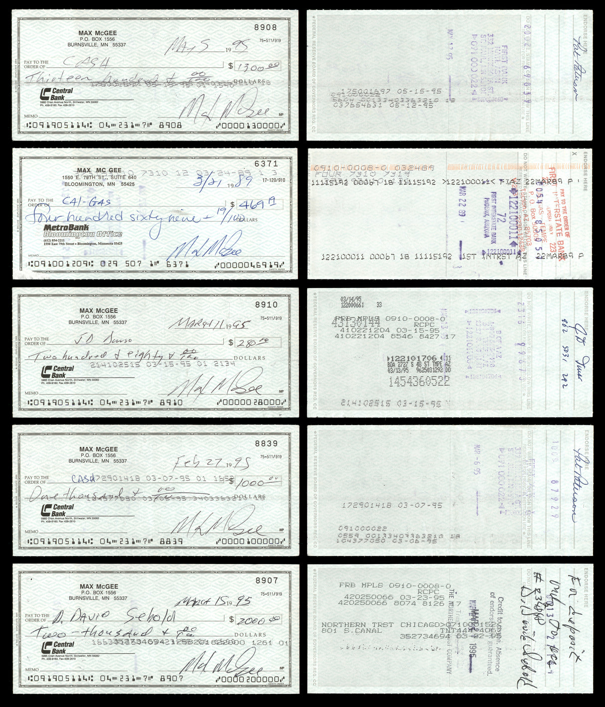 Max McGee Autographed 2.75x6 Check Green Bay Packers Lot of 20 SKU #174045
