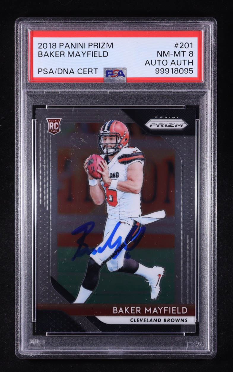 Baker Mayfield Signed 2018 Panini Prizm #201 RC (PSA 8)