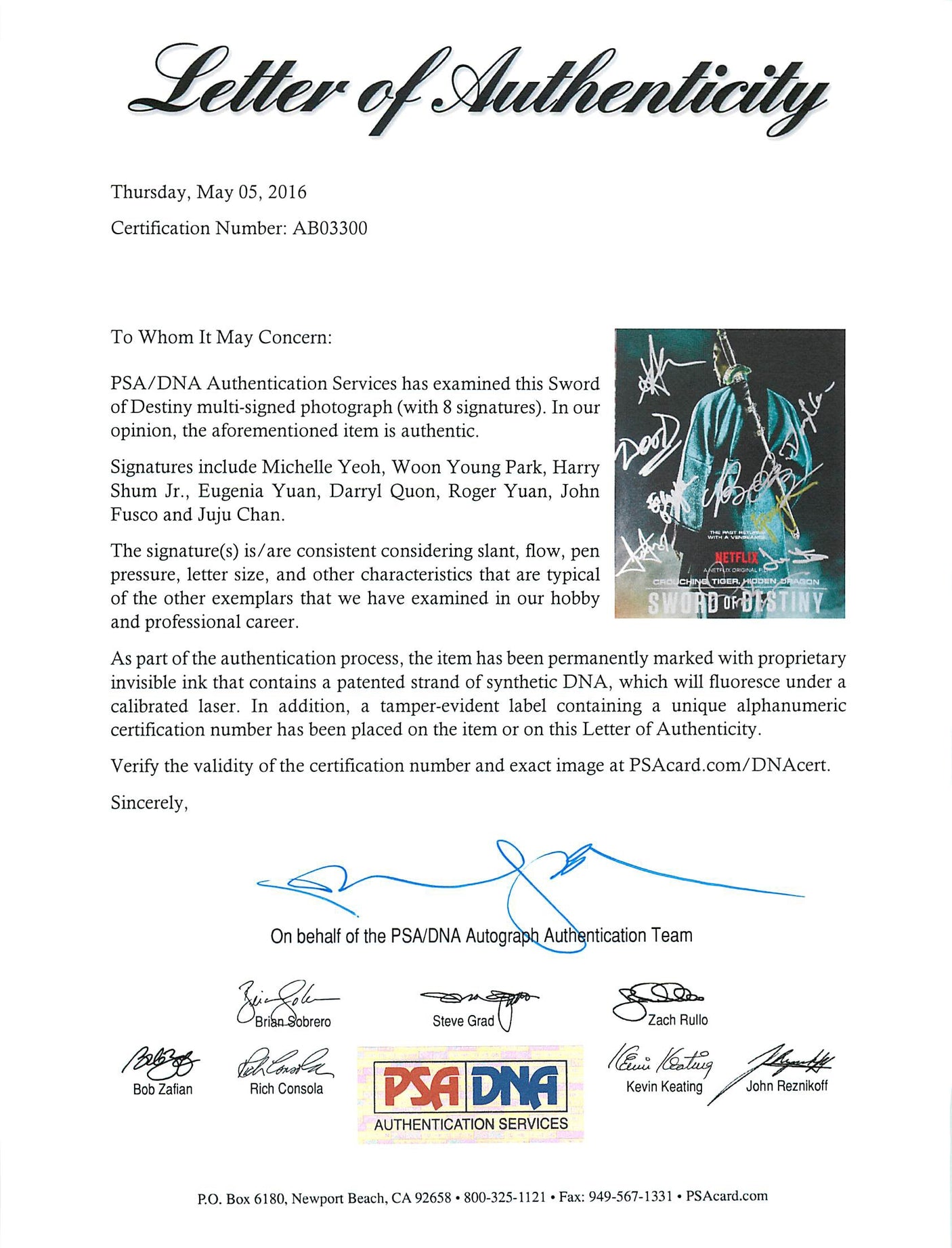 Sword Of Destiny Cast (8) Authentic Signed 11X14 Photo PSA/DNA #AB03300