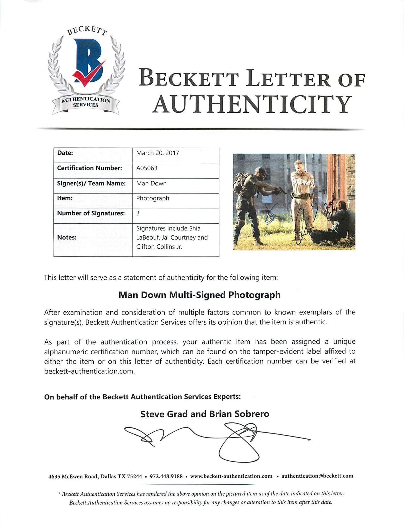 Man Down (3) LaBeouf, Courtney, & Collins Jr Signed 11X14 Photo BAS #A05063