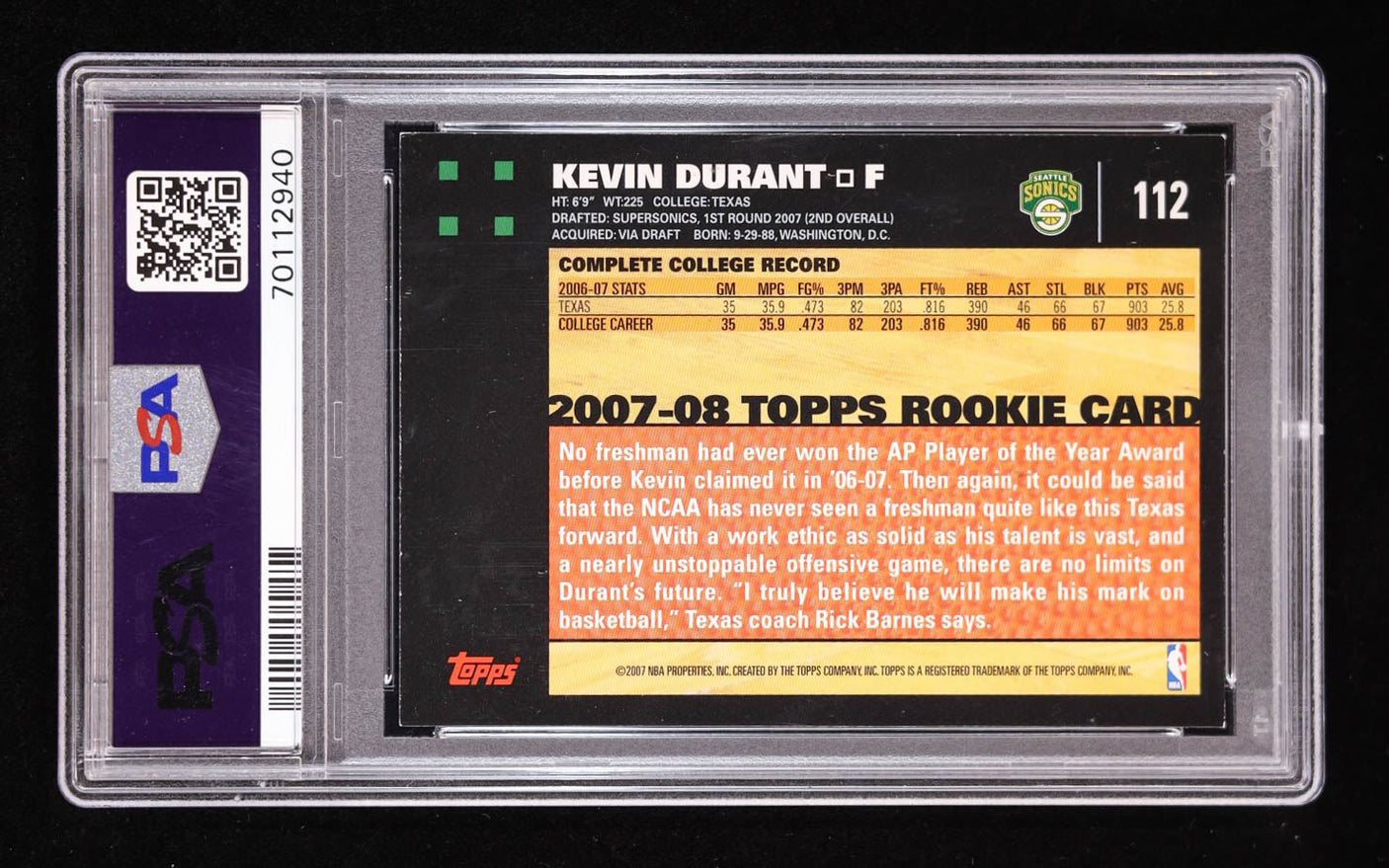 Kevin Durant Autographed 2007 Topps Rookie Card PSA Auto 10