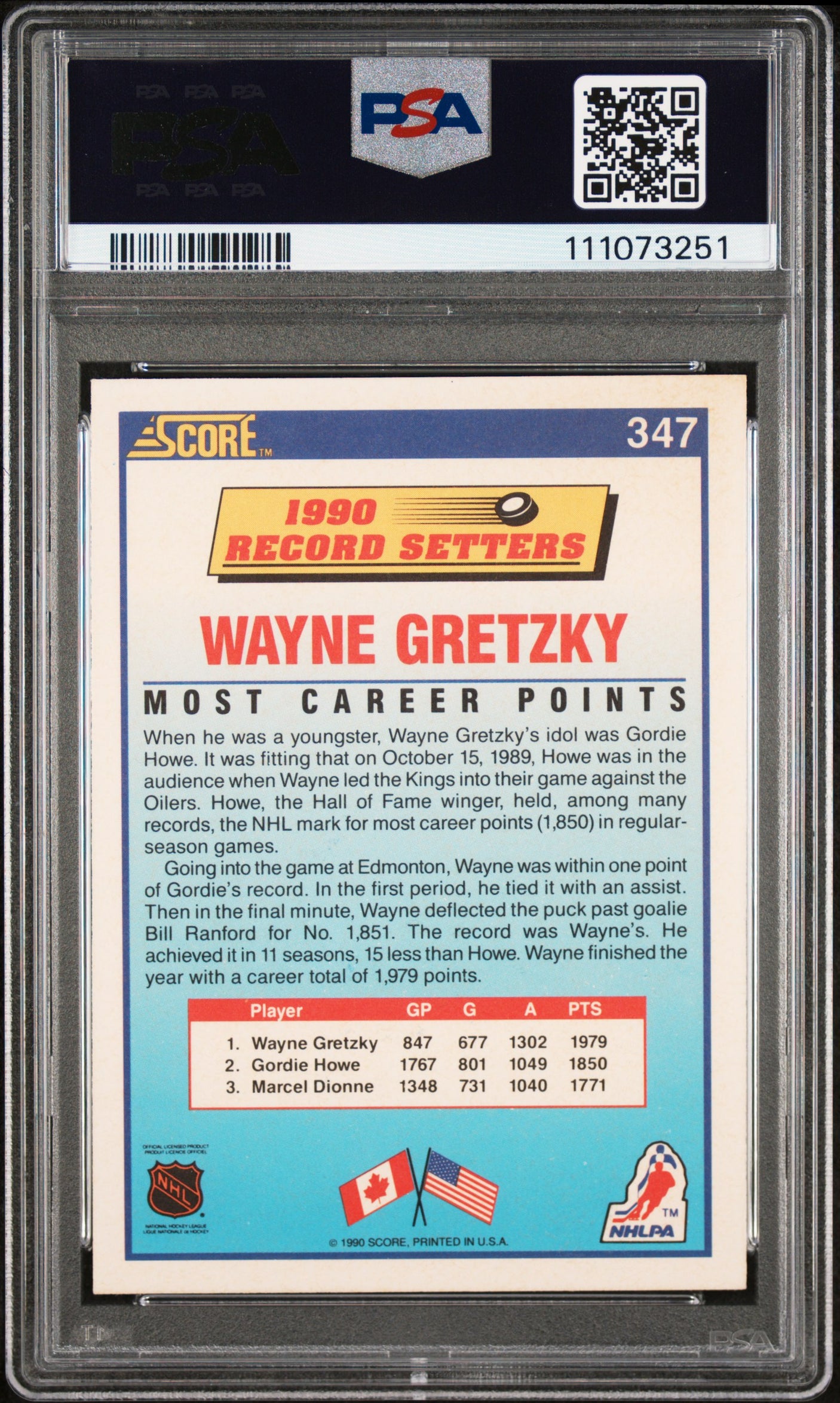 Oilers Wayne Gretzky Signed 1990 Score #347 Card Auto Graded 10! PSA/DNA Slabbed