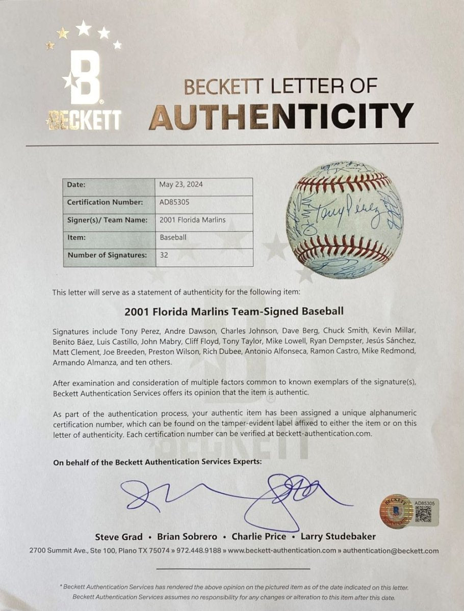 2001 Florida Marlins (32) Team Signed Rawlings Official MLB Baseball BAS LOA - Sports Integrity