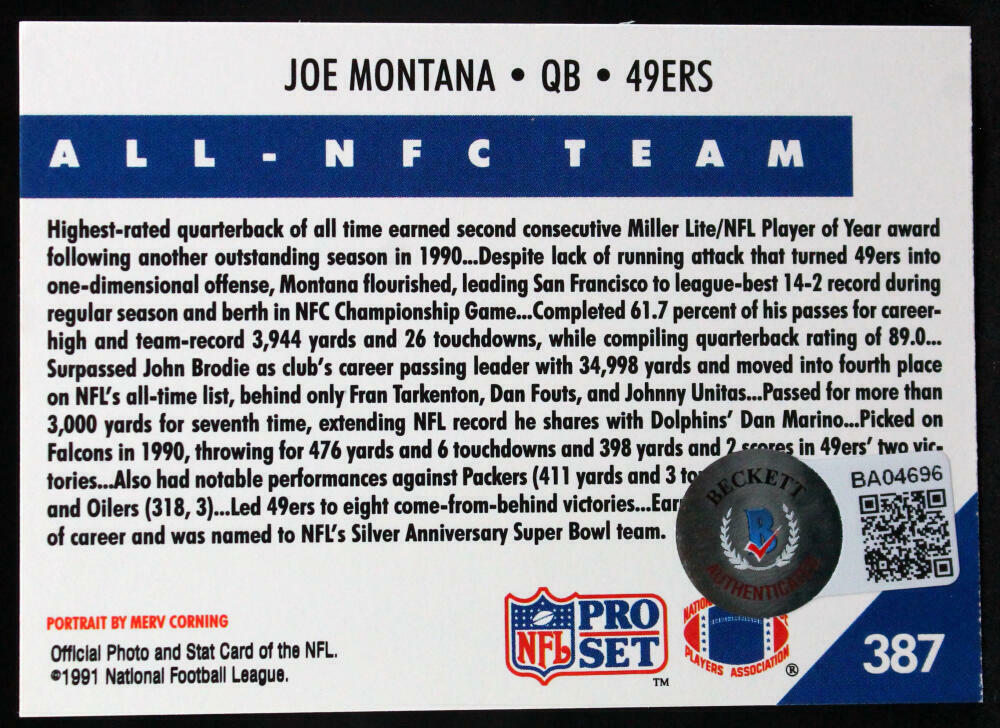 1991 Pro Set #387 Joe Montana 49ers Autograph Beckett Witness