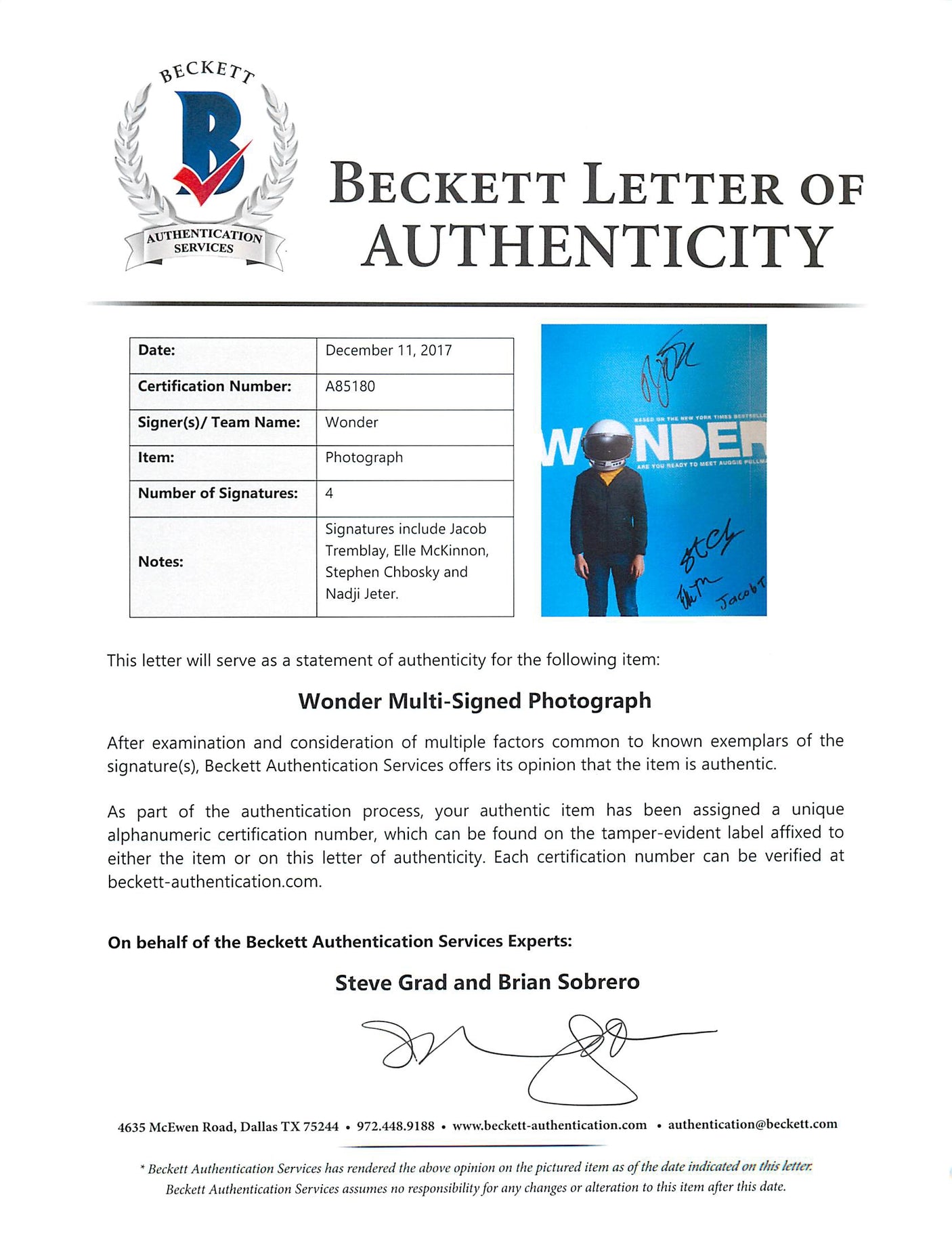 Wonder (Tremblay, McKinnon, +2 )Authentic Signed 11x14 Photo BAS #A85180