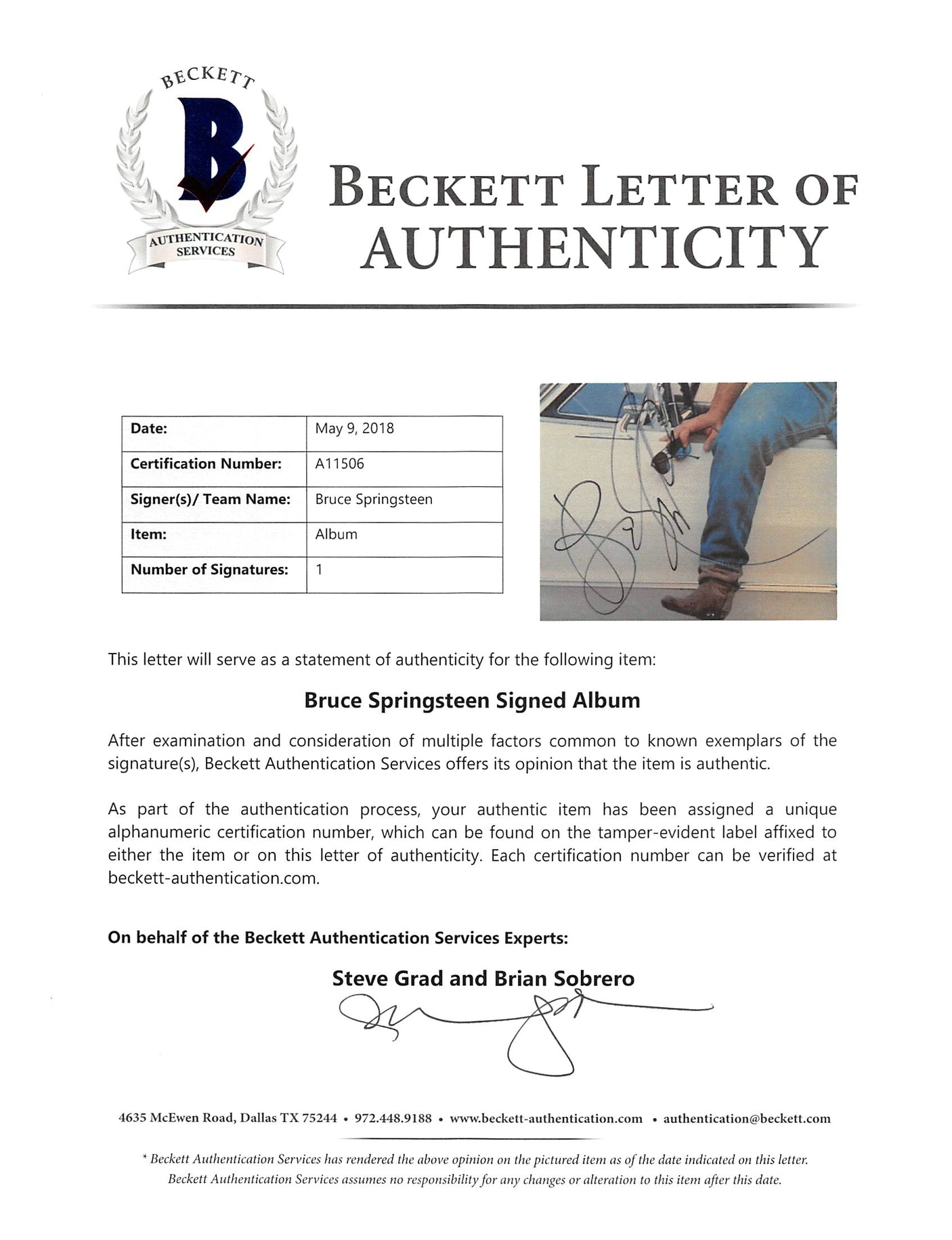 Bruce Springsteen Authentic Signed Cover Me Album Cover Autographed BAS #A11506