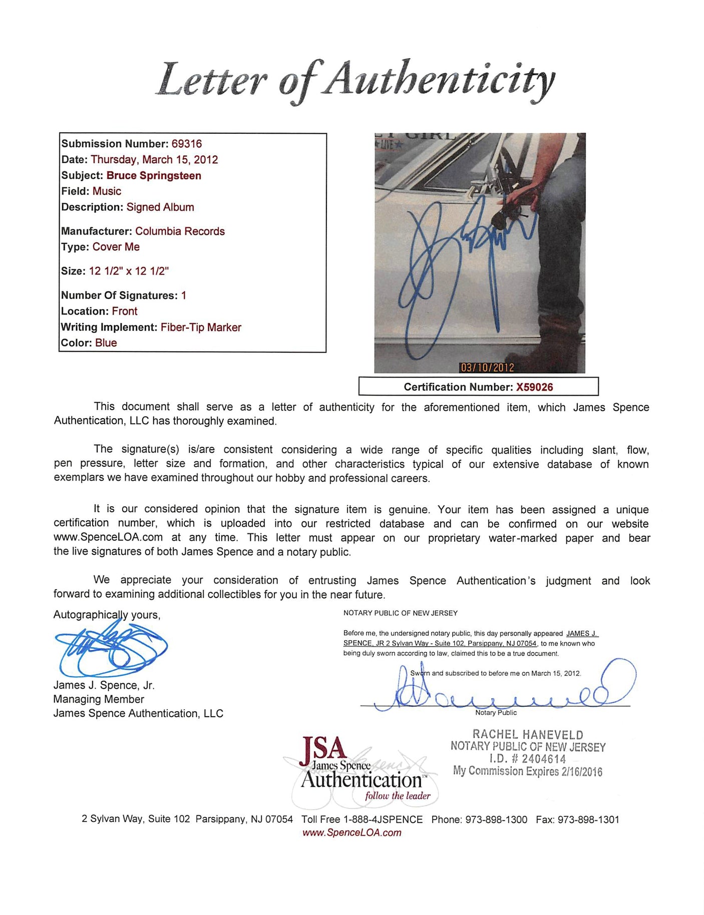 Bruce Springsteen Authentic Signed Cover Me Album Cover W/ Vinyl JSA #X59026