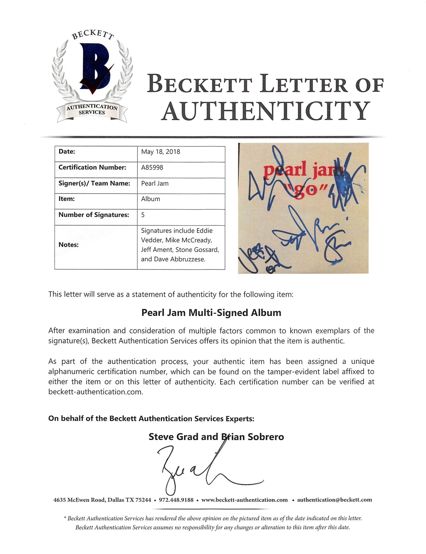 Pearl Jam (5) Vedder, McCready, Gossard +2 Signed Promo Cd Cover BAS #A85998