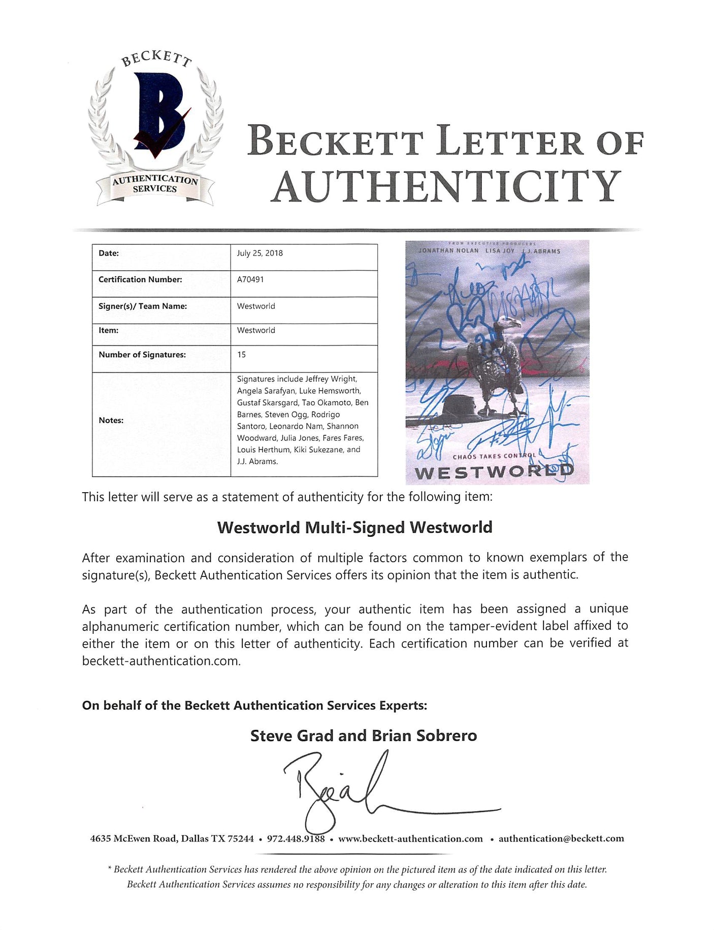 Westworld (15) Wright, Abrams, Sarafyan Authentic Signed 8x10 Photo BAS #A70491