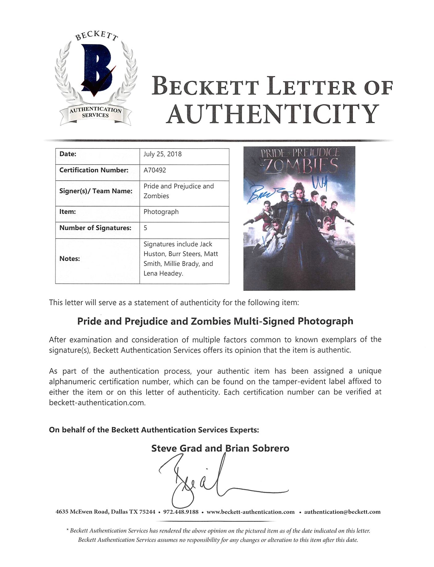 Pride & Prejudice & Zombies (5) Headey , Brady +3 Signed 12x18 Photo BAS #A70492