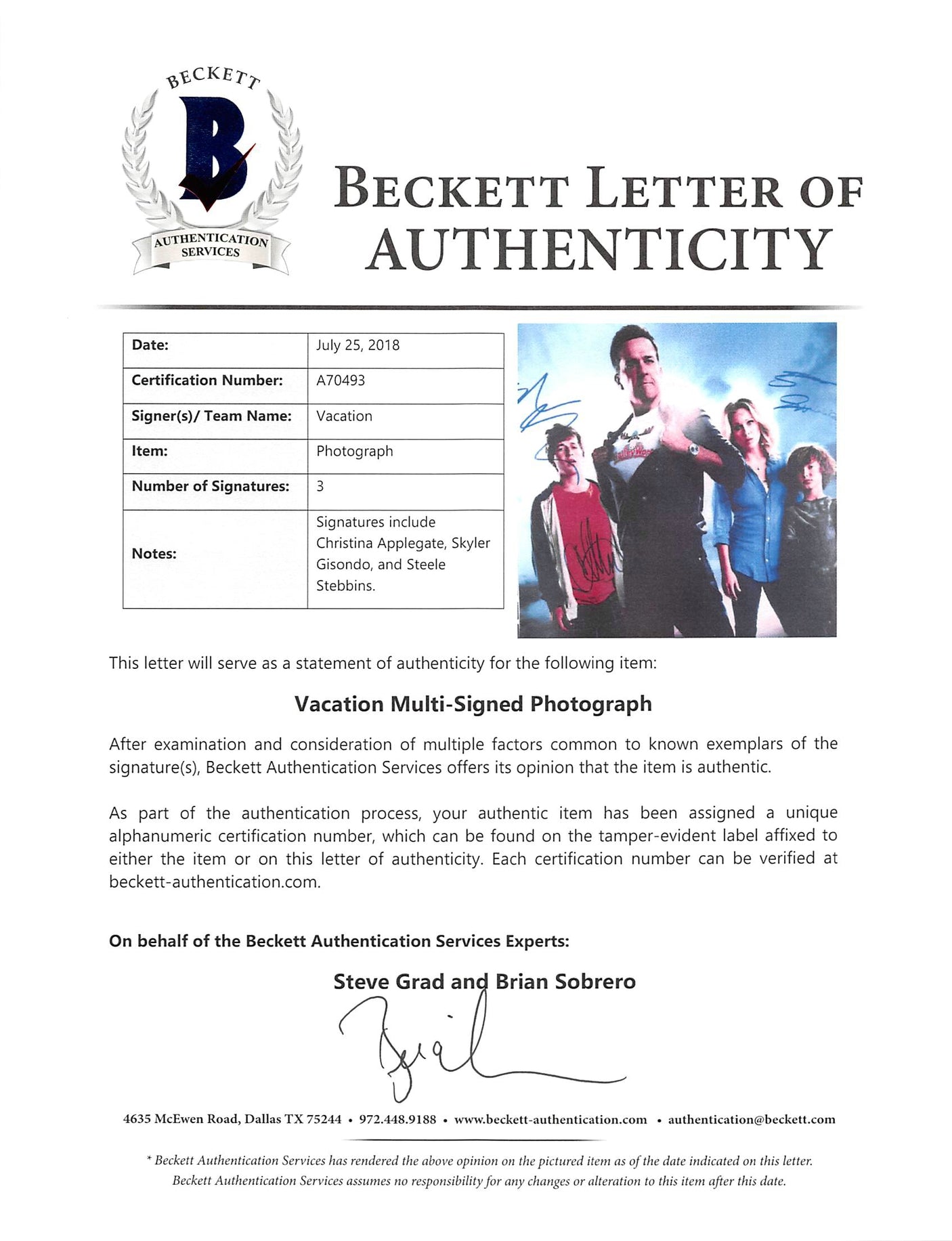 Vacation (3) Applegate, Gisondo & Stebbins Signed 11x14 Photo BAS #A70493