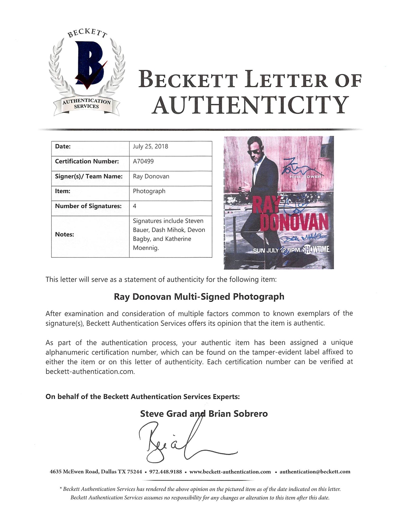 Ray Donovan (4) Moennig, Bagby, Mihok & Bauer Signed 11x14 Photo BAS #A70499