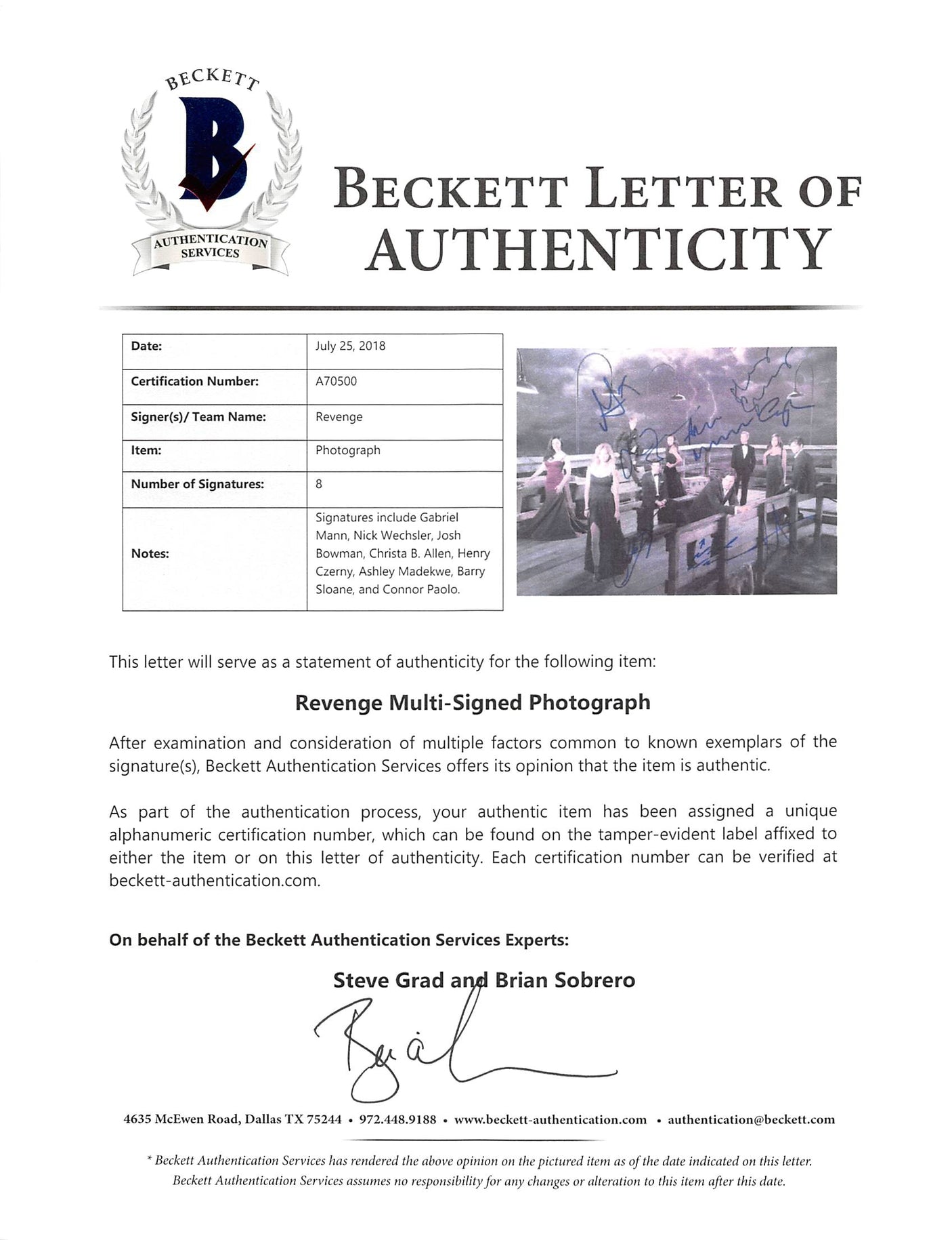 Revenge (8) Wechsler, Bowman, Allen, Madekwe +4 Signed 11x14 Photo BAS #A70500