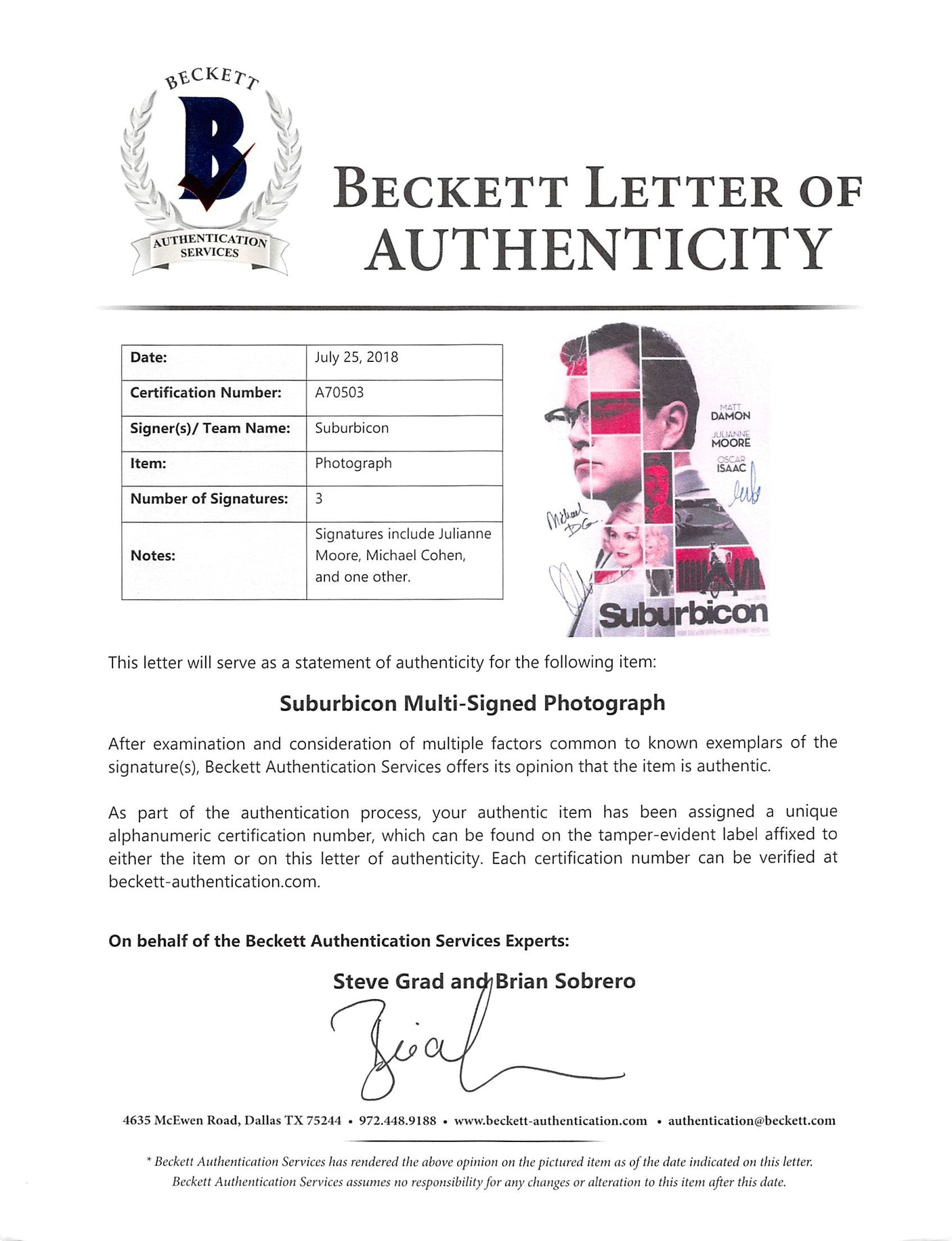 Suburbicon (3) Moore, Cohen Authentic Signed 11x17 Photo Autographed BAS #A70503
