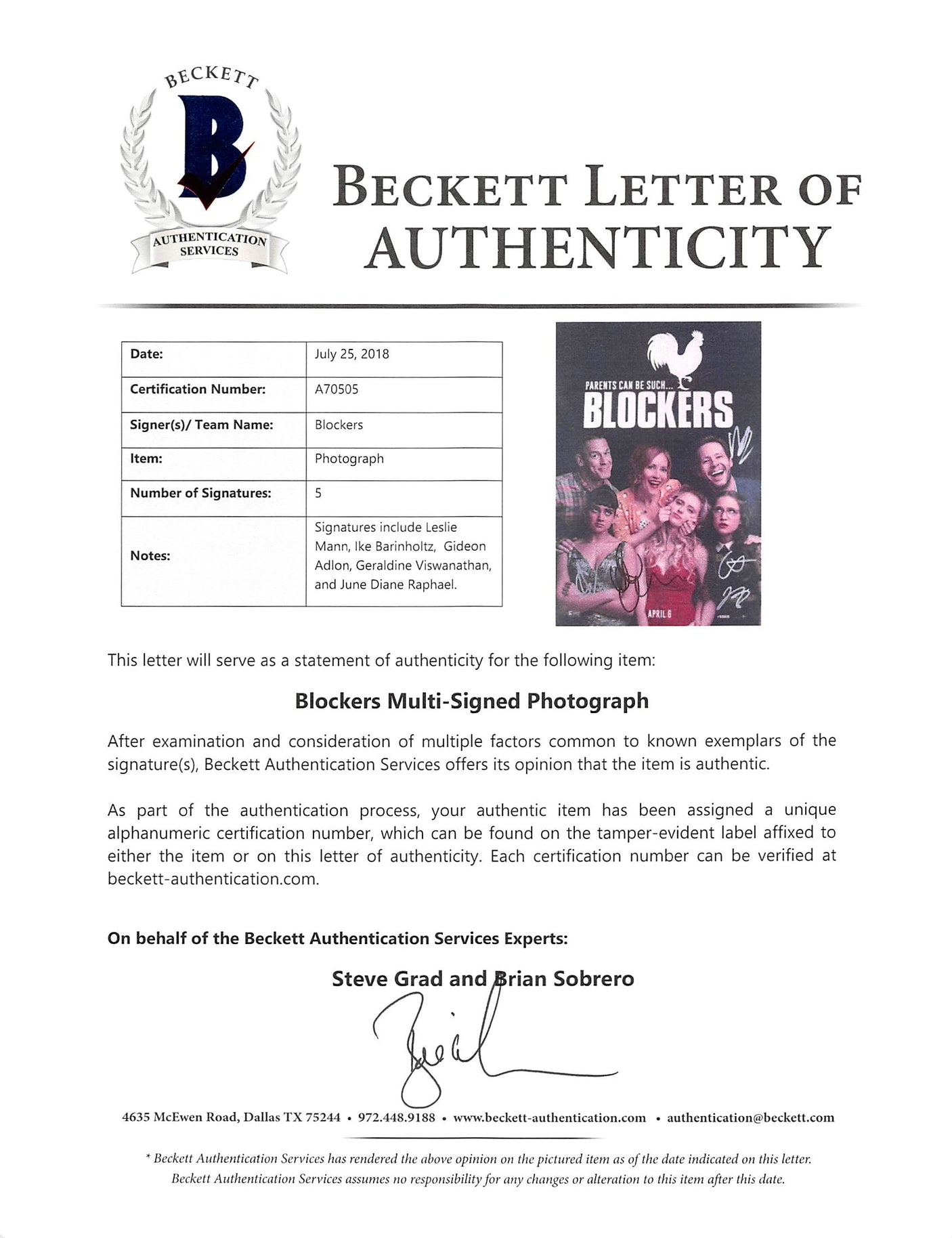 Blockers (5) Mann, Barinholtz, Viswanathan +2 Signed 12x18 Photo BAS #A70505