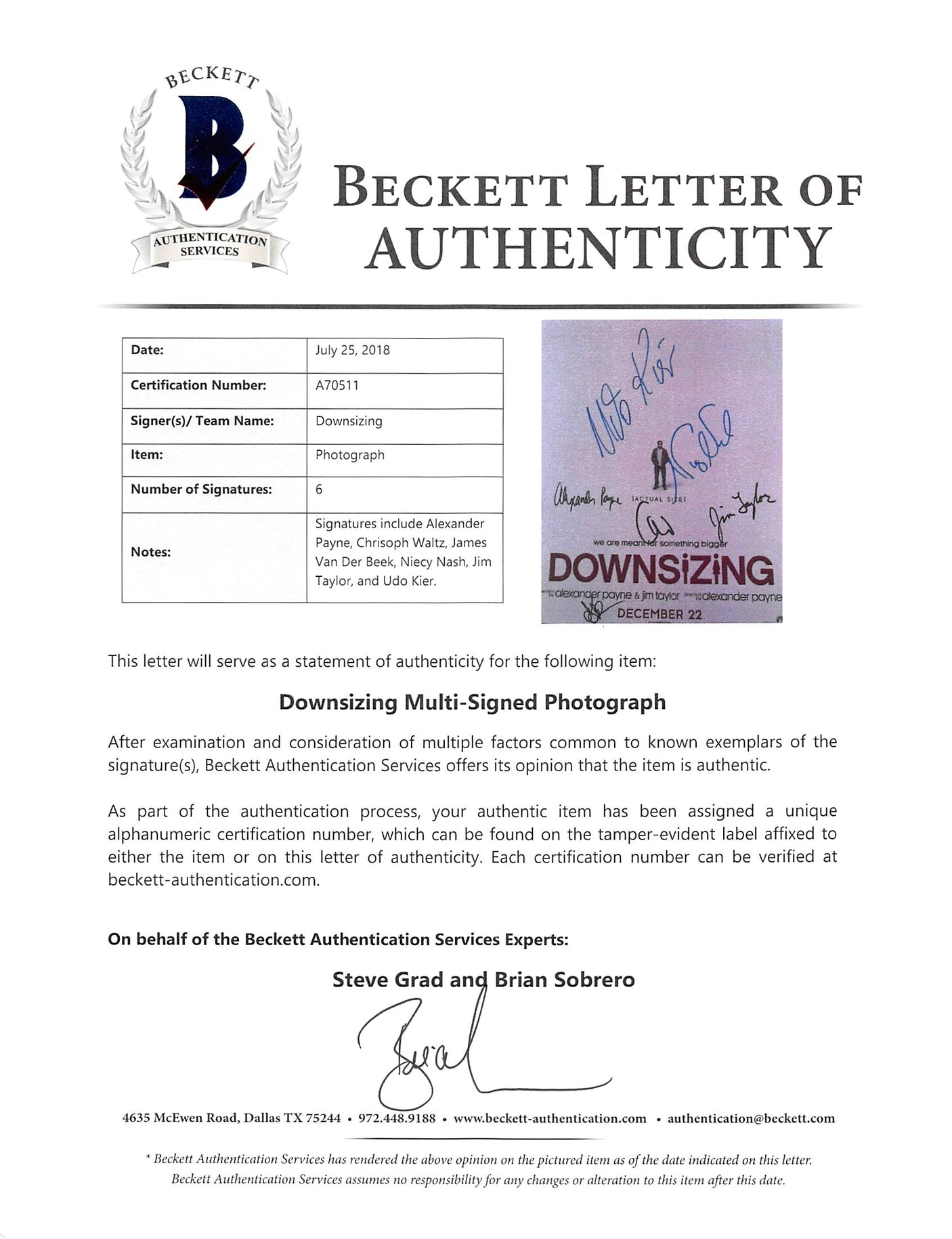 Downsizing (6) Payne, Waltz, Nash, Taylor, Kier Signed 12x18 Photo BAS #A70511