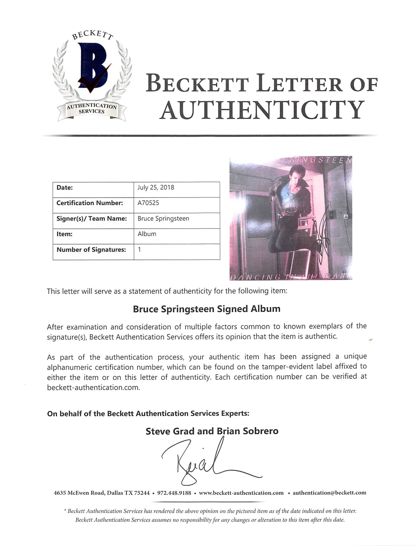 Bruce Springsteen Signed Dancing In The Dark Album Cover W/ Vinyl BAS #A70525