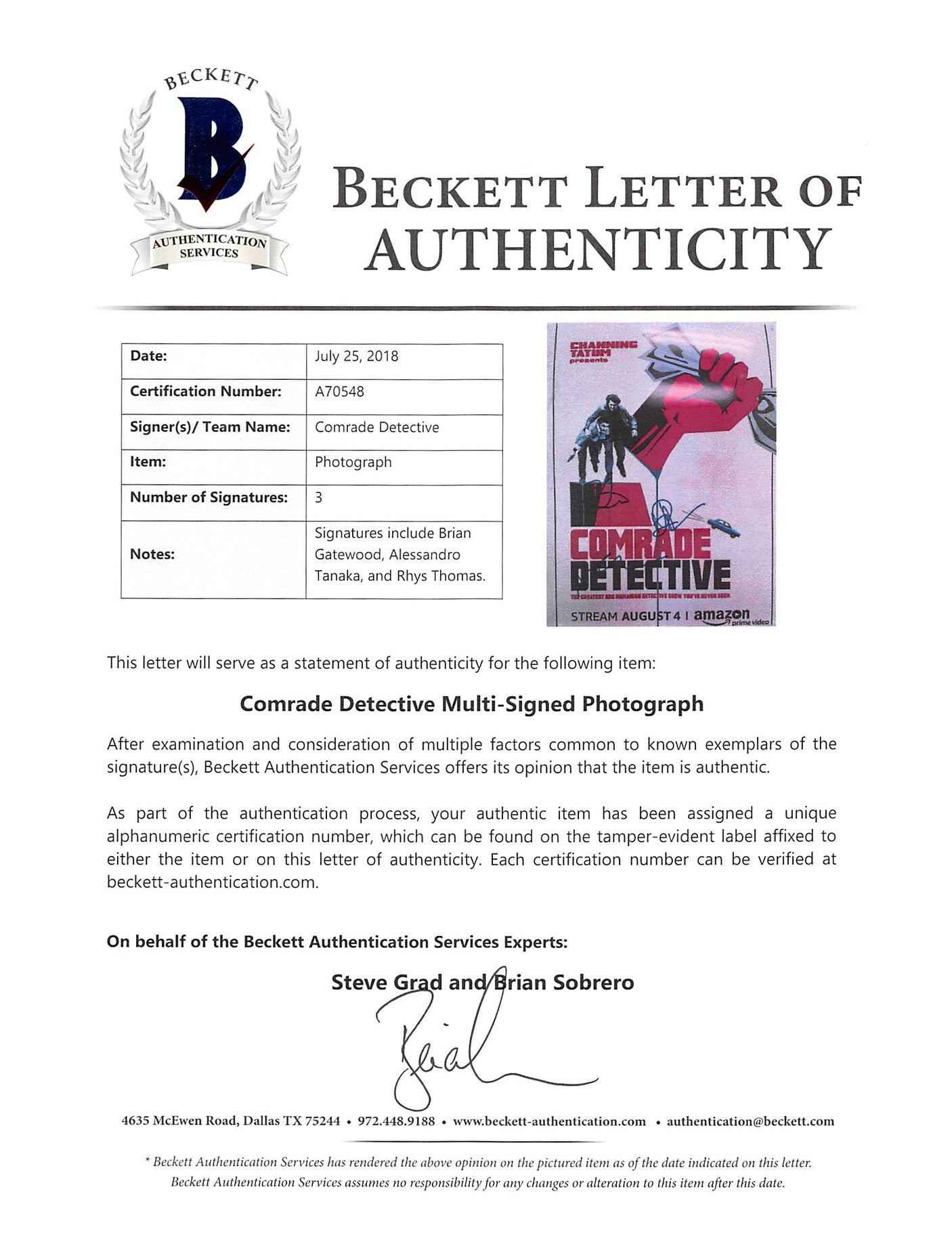 Comrade Detective (3) Gatewood, Tanaka & Thomas Signed 8x10 Photo BAS #A70548