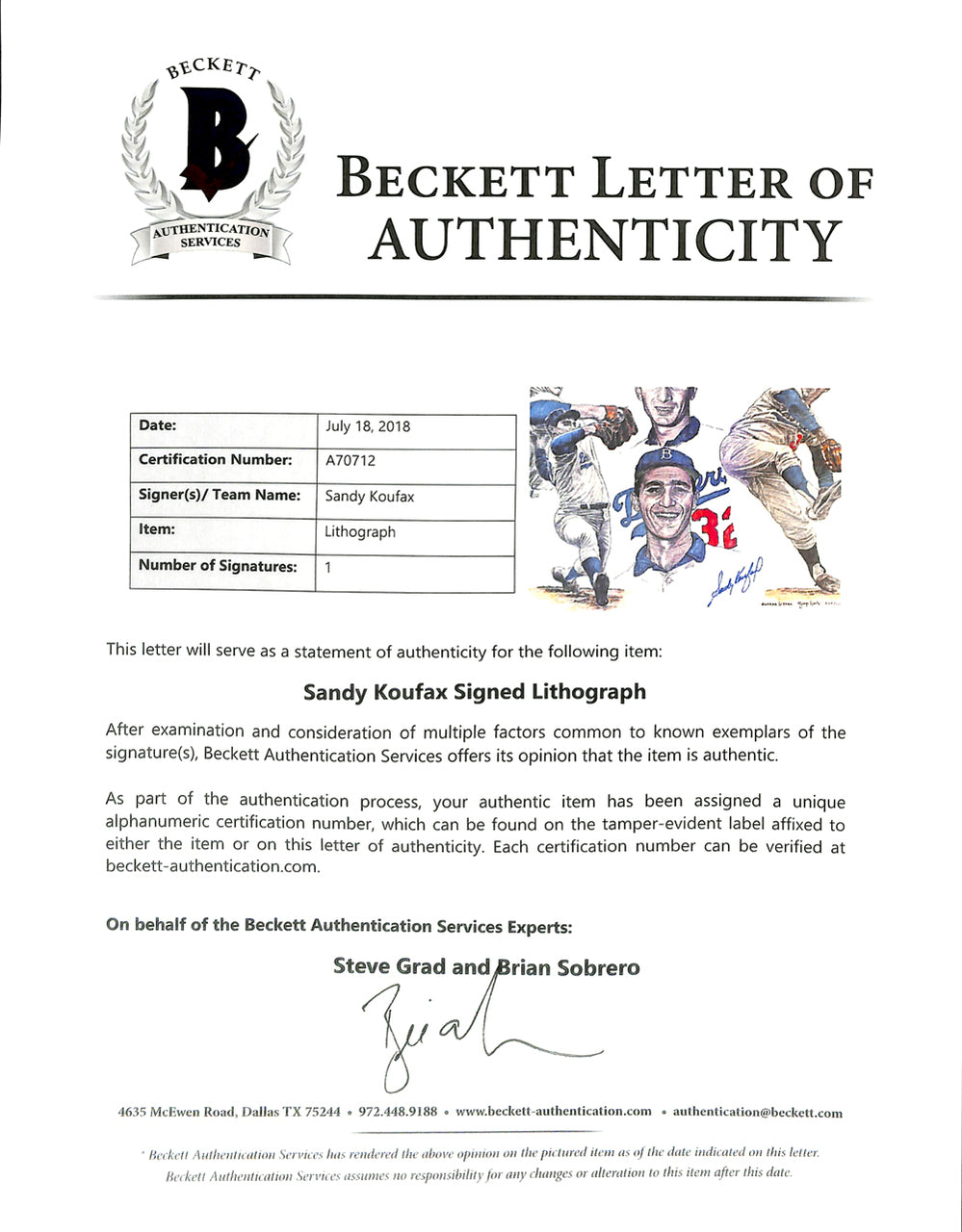 Sandy Koufax Autographed 18x24 Lithograph Los Angeles Dodgers Beckett BAS Stock #135227