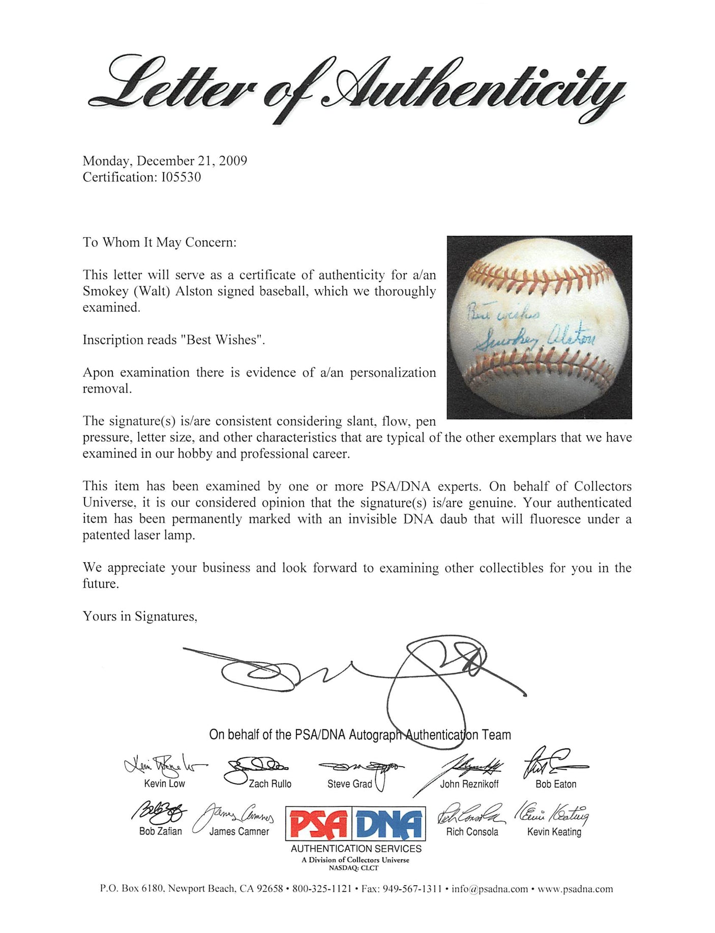 Dodgers Walter "Smokey" Alston "Best Wishes" Signed Baseball PSA/DNA #I05530