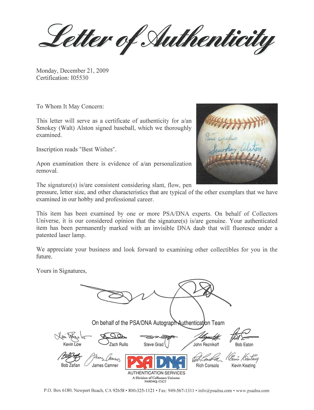 Dodgers Walter "Smokey" Alston "Best Wishes" Signed Baseball PSA/DNA #I05530
