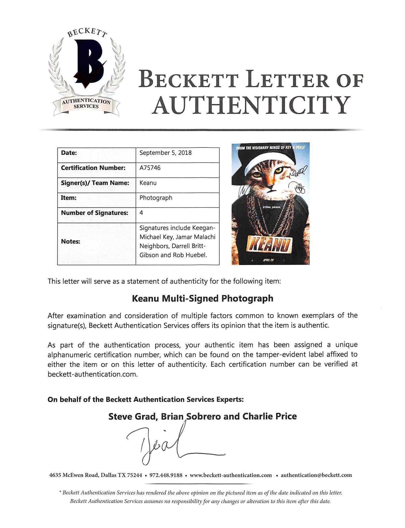 Keanu (4) Key, Neighbors, Britt-Gibson & Huebel Signed 12x18 Photo BAS #A75746