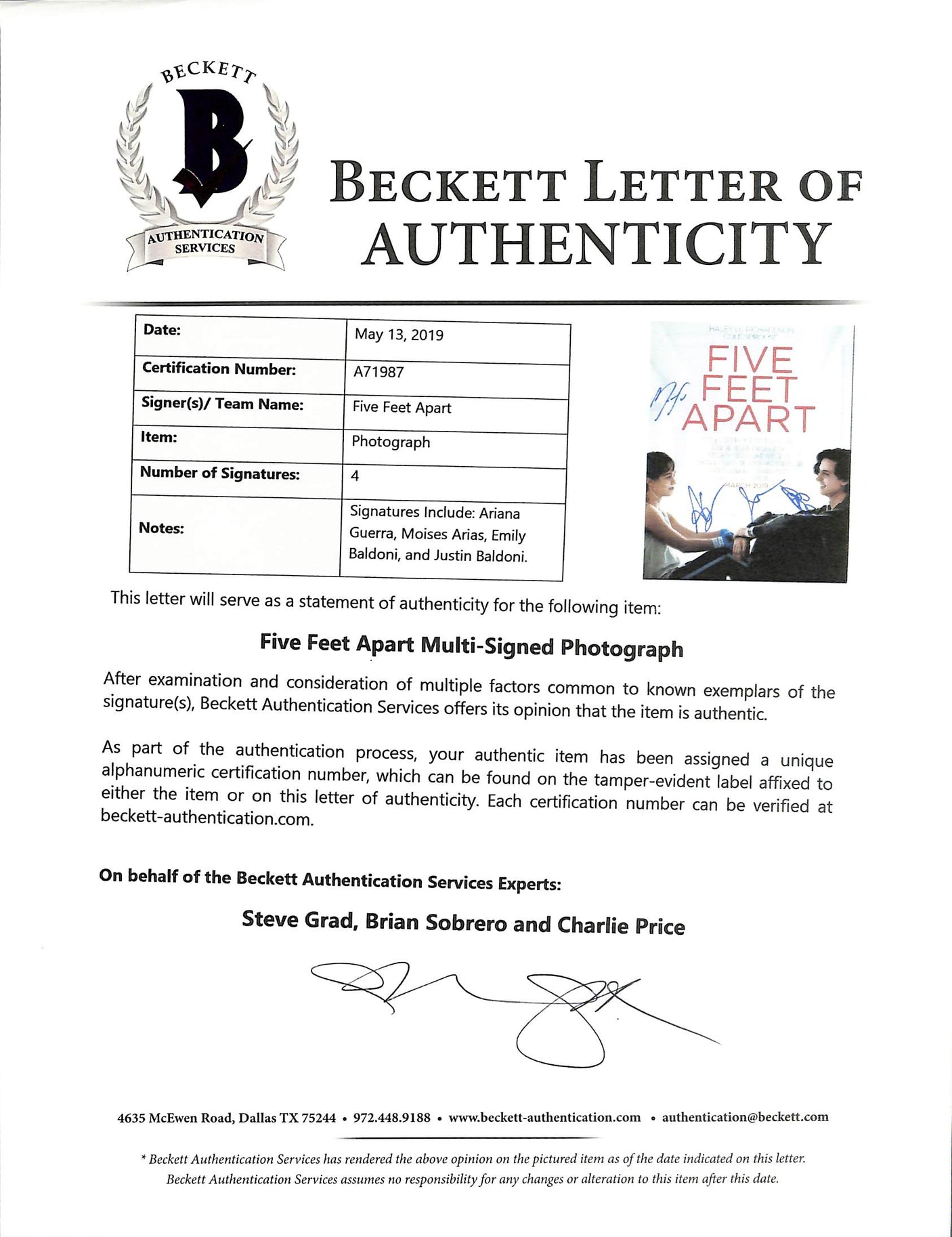 Five Feet Apart (4) Guerra, Arias, Baldoni +1 Signed 11x14 Photo BAS #A71987