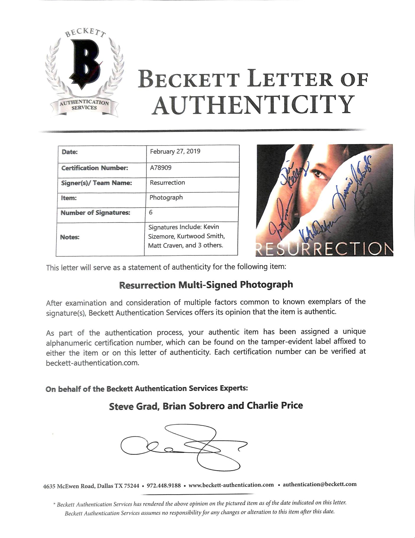 Resurrection (6) Smith, Craven +4 Authentic Signed 11x14 Photo BAS #A78909