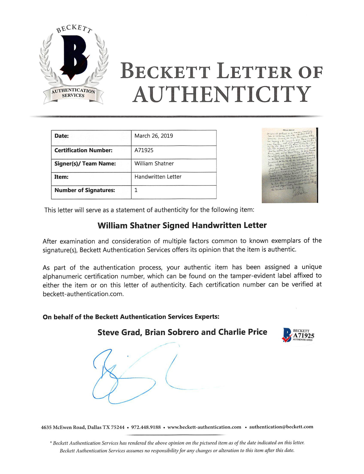 William Shatner Signed 7.25x10.5 1 Page Essay on Personal Letterhead BAS #A71925