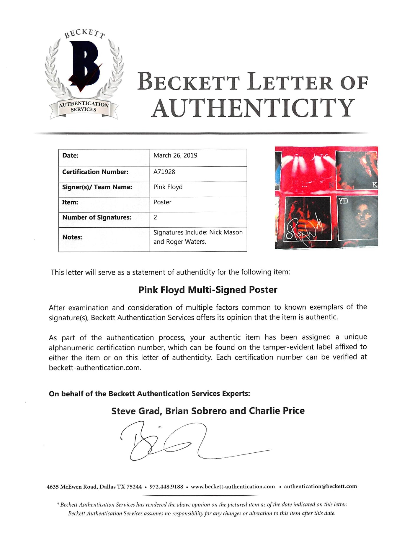 Roger Waters & Nick Mason Pink Floyd Authentic Signed 20x30 Poster BAS #A71928