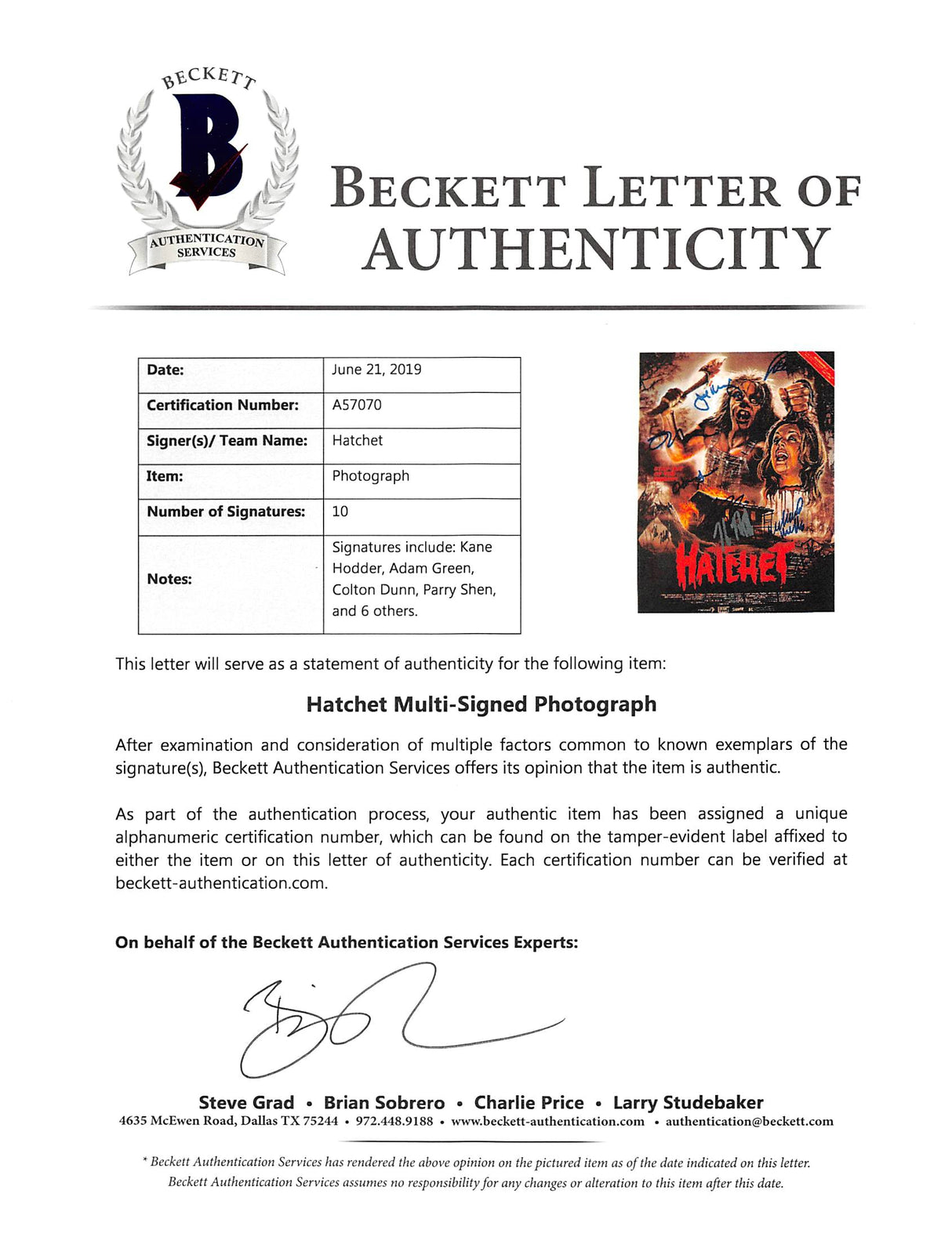 Hatchet (10) Kane Hodder, Green, Dunn, Shen +6 Signed 8x10 Photo BAS #A57070