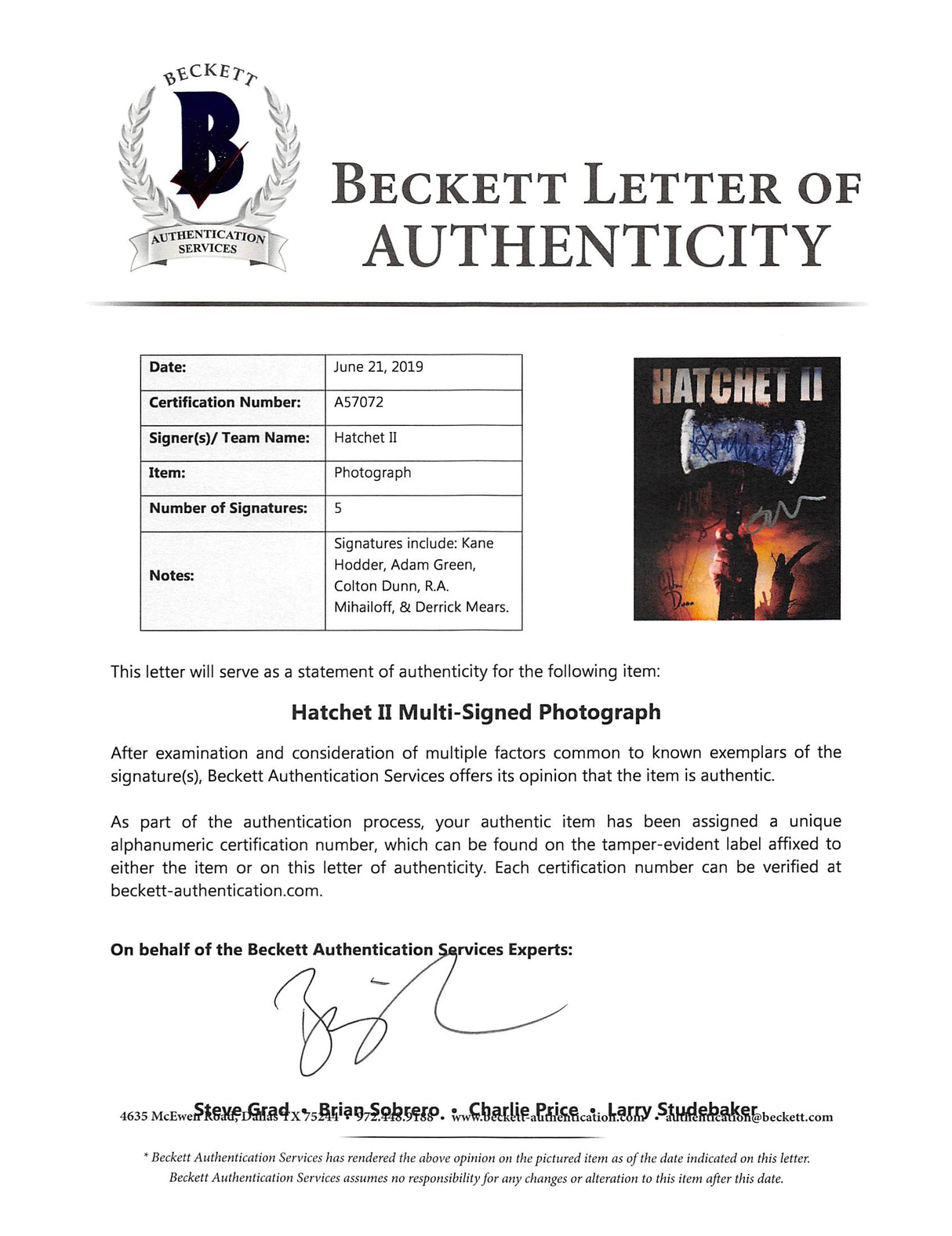 Hatchet 2 (5) Kane Hodder, Mears +3 Authentic Signed 8x10 Photo BAS #A57072