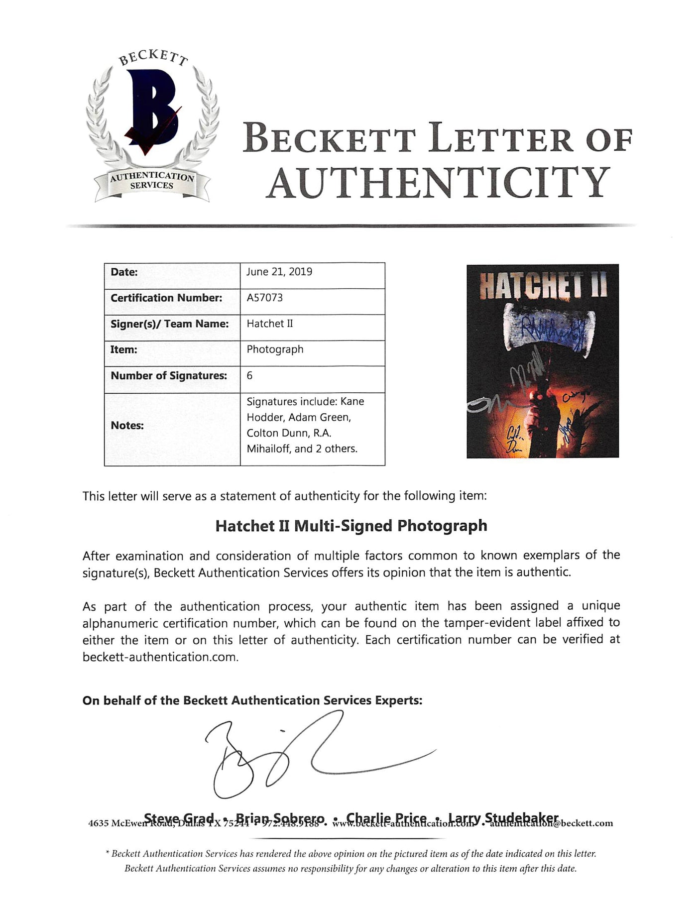 Hatchet 2 (6) Kane Hodder, Mears +4 Authentic Signed 8x10 Photo BAS #A57073