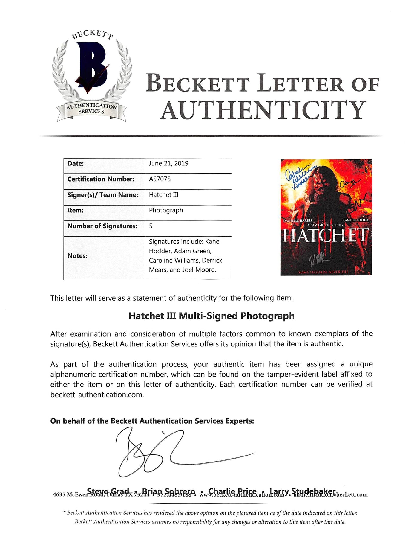 Hatchet 3 (5) Kane Hodder, Mears +3 Authentic Signed 8x10 Photo BAS #A57075