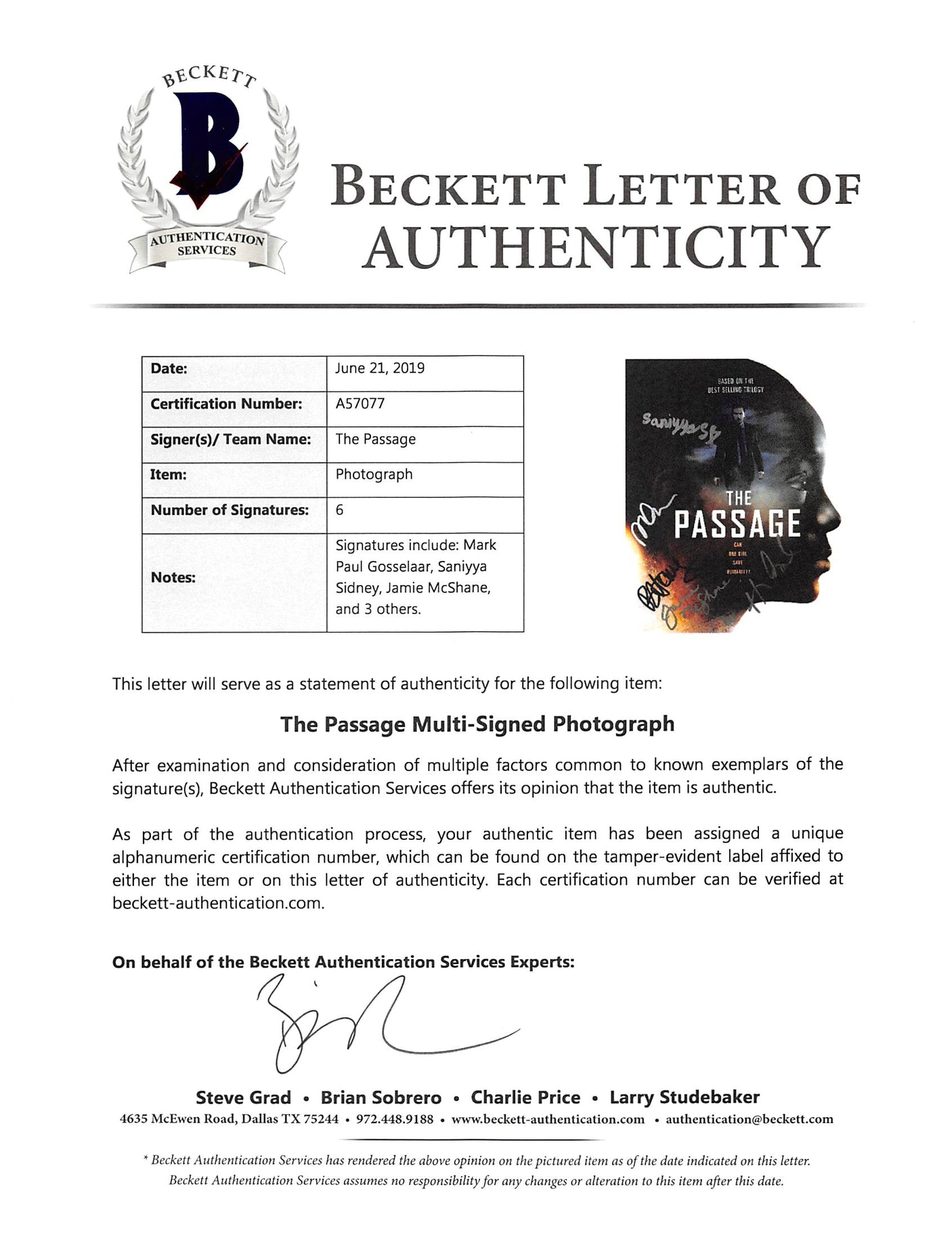 The Passage (5) Mark Paul Gosselaar, Chriqui +3 Signed 8x10 Photo BAS #A57077