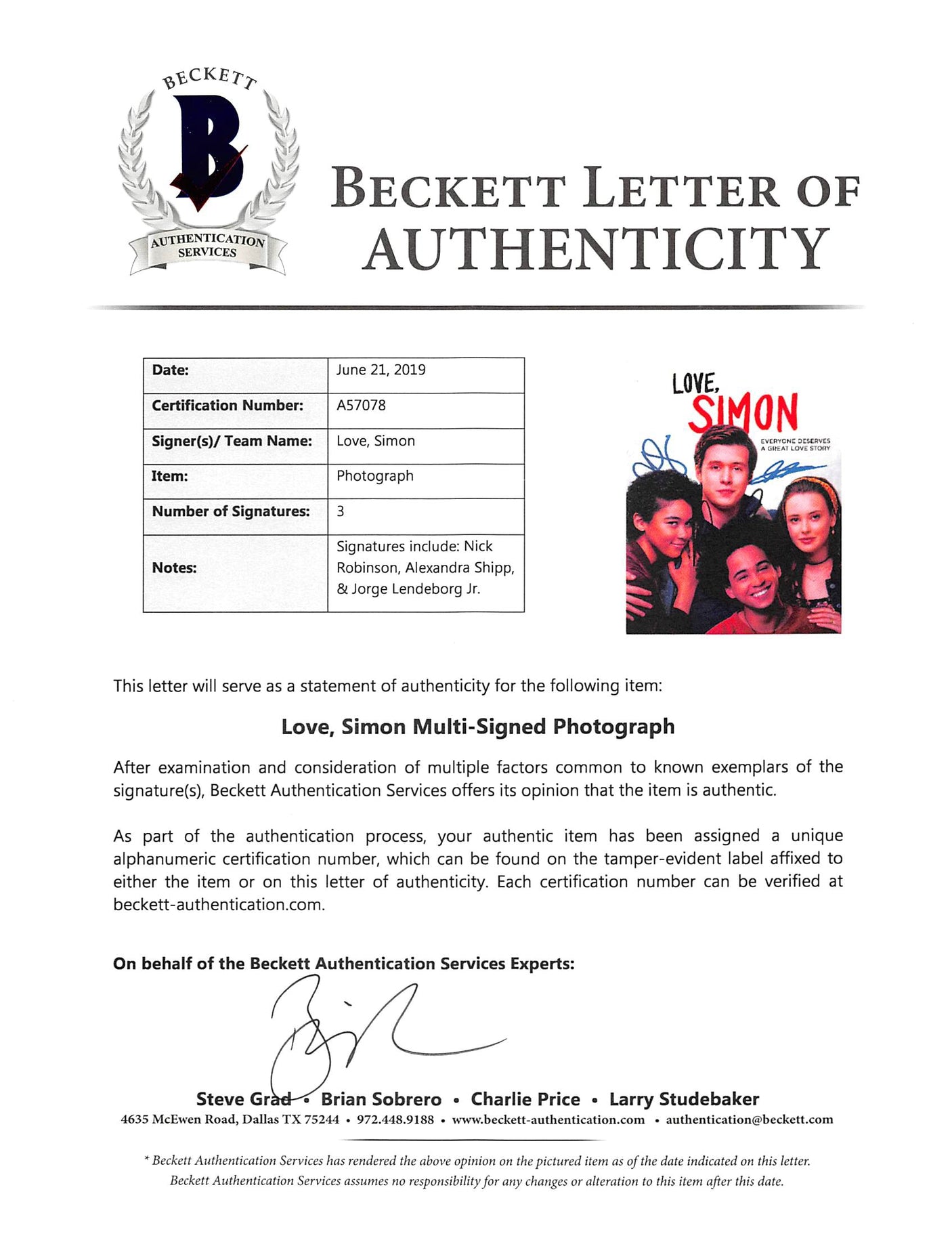 Love, Simon (3) Nick Robinson, Shipp, & Lendeborg Signed 8x10 Photo BAS #A57078