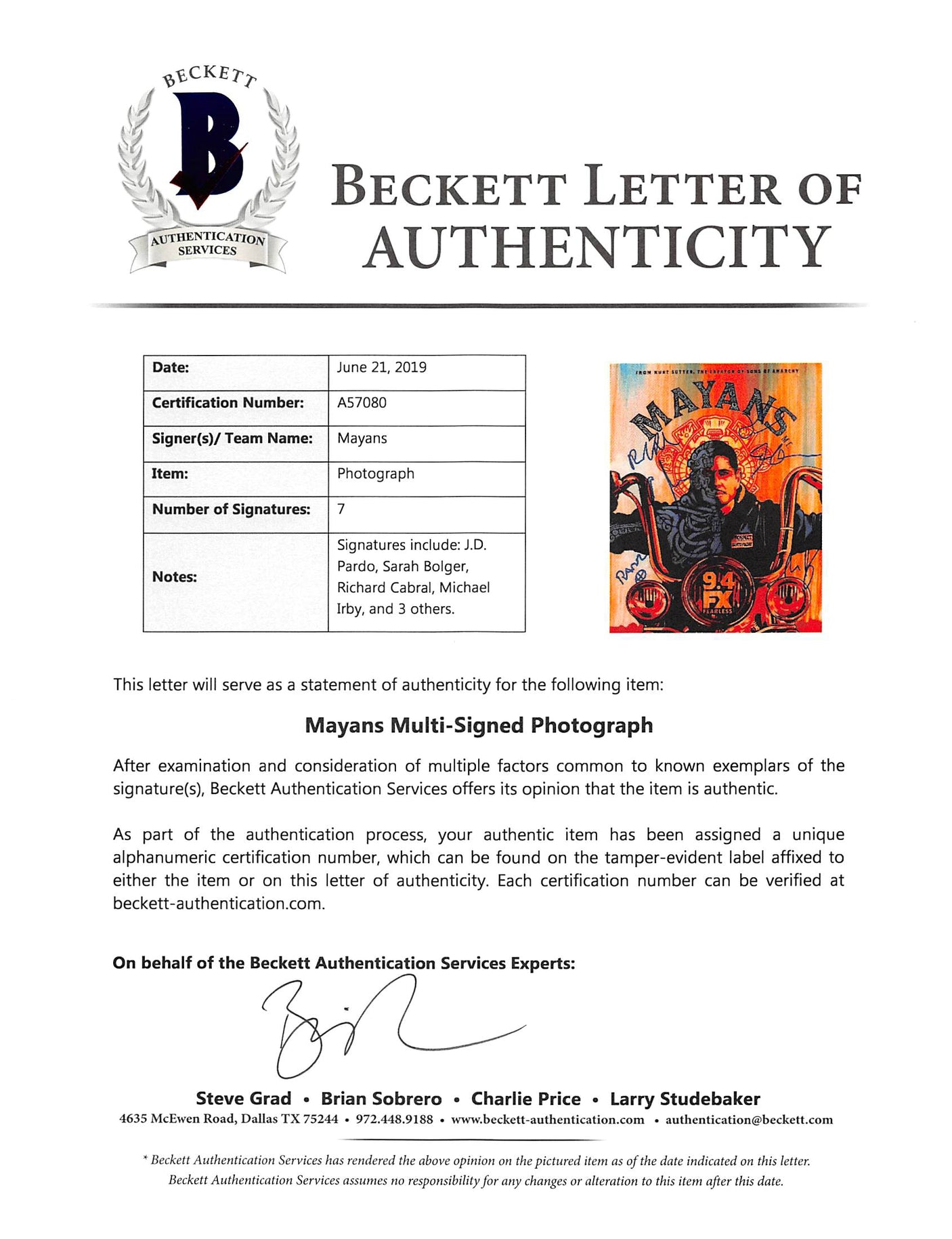 Mayans M.C. (7) Pardo, Bolger, Cabral +4 Authentic Signed 8x10 Photo BAS #A57080