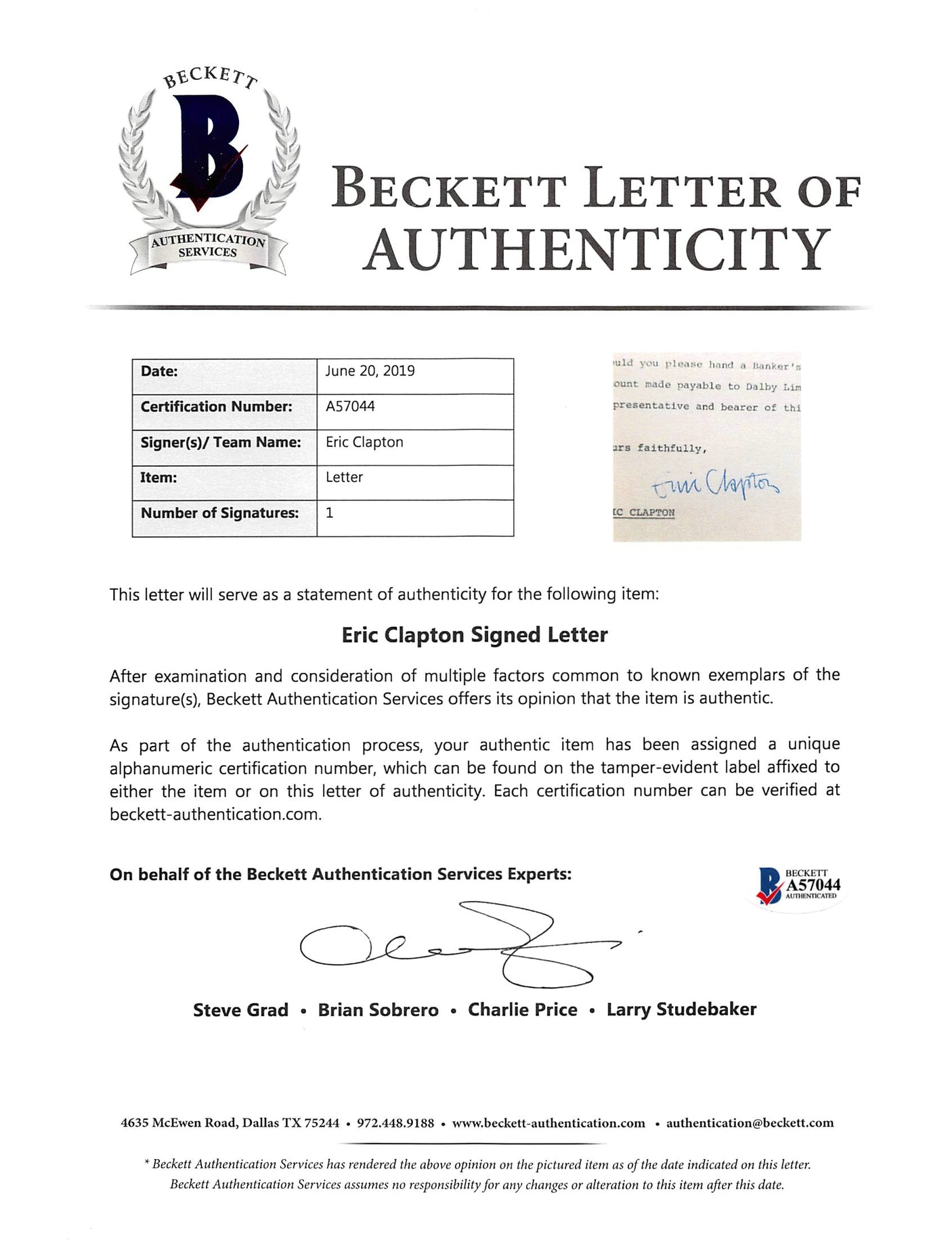 Eric Clapton Authentic Signed 8x9 Letter Dated October 27, 1972 BAS #A57044