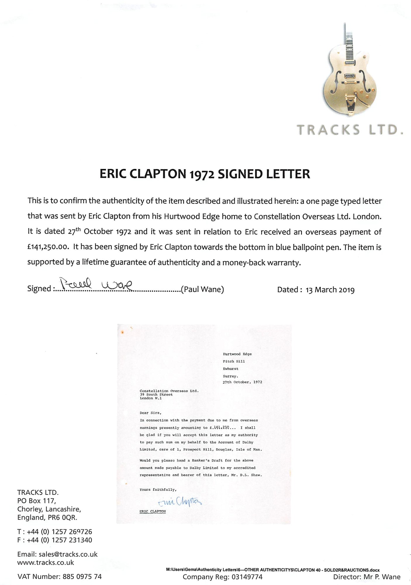 Eric Clapton Authentic Signed 8x9 Letter Dated October 27, 1972 BAS #A57044