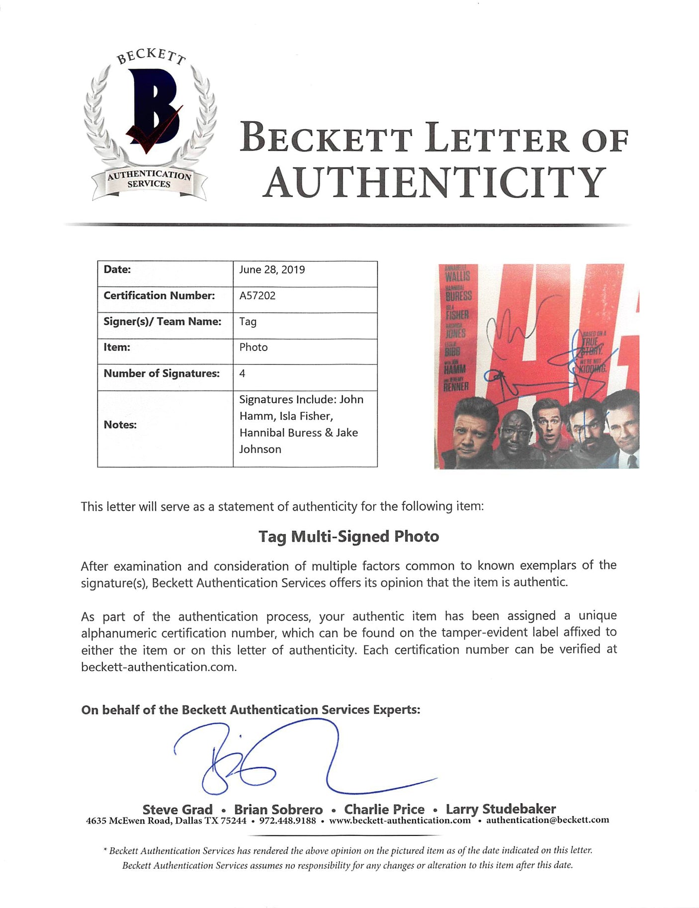 TAG (4) Hamm, Fisher, Buress & Johnson Authentic Signed 11x14 Photo BAS #A57202