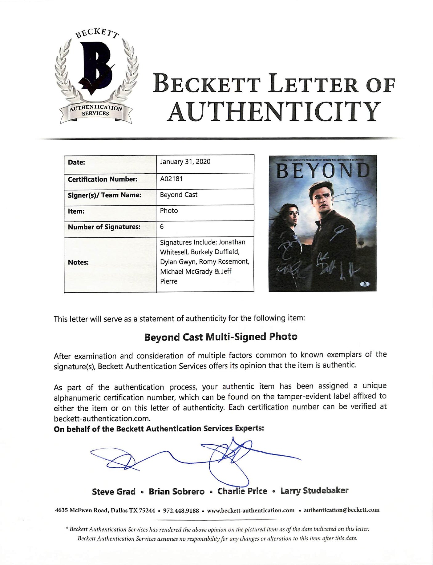 Beyond (7) Whitesell, Duffield, Gwyn +4 Authentic Signed 11x14 Photo BAS #A02181