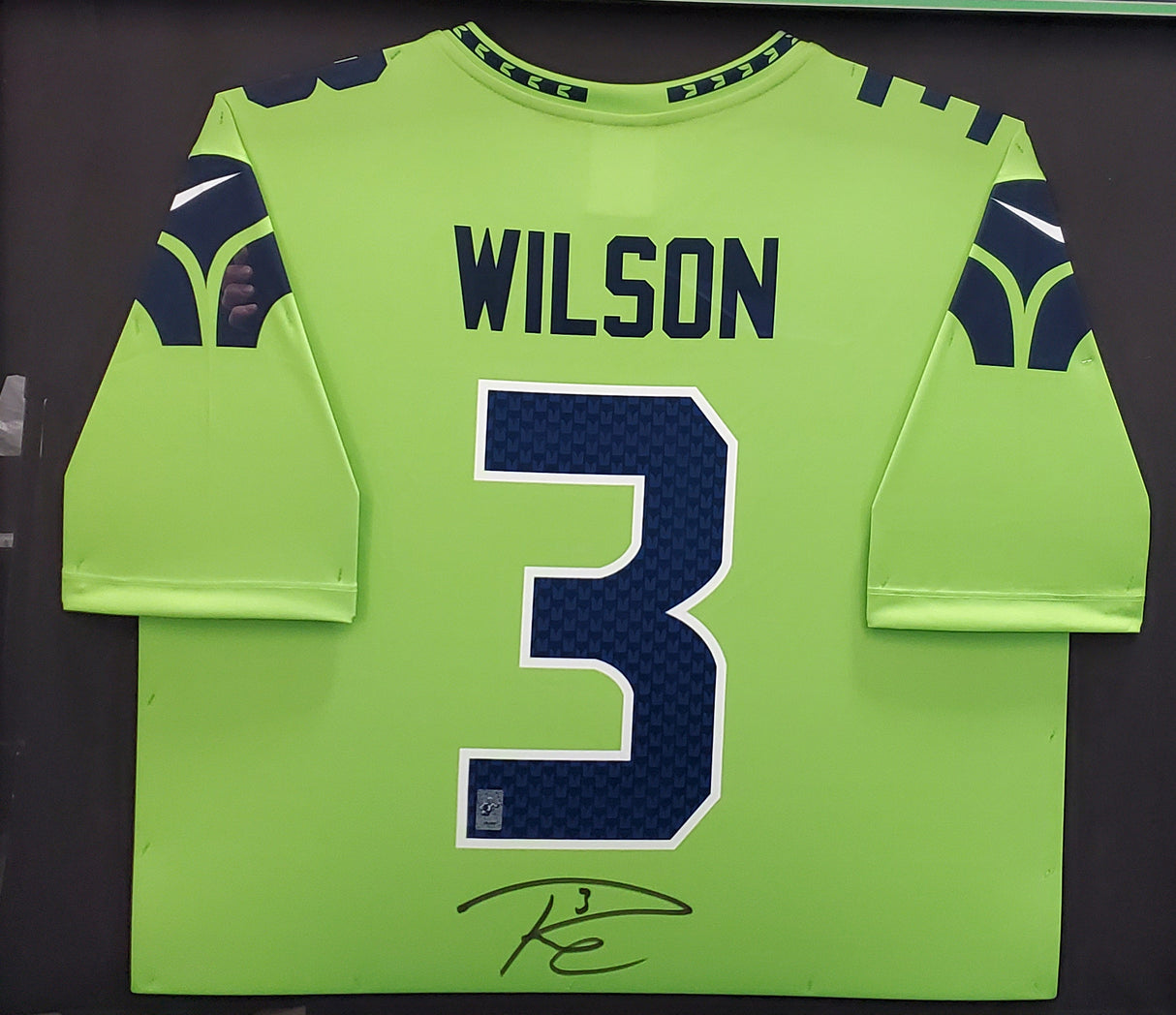 Seattle Seahawks Russell Wilson Autographed Action Green Nike Framed Jersey RW Holo Stock #185764